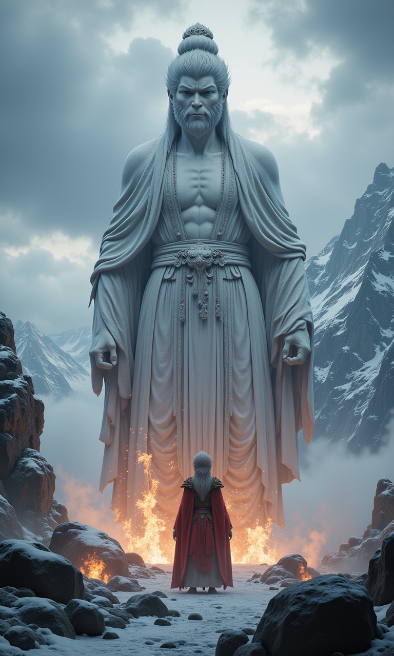 JQZX, Sun WuKong, a sun wukong stands at one percent of the scene under a snowy mountain, with a super large, naked statue of wukong in front of it, surrounded by flames and clouds. it has a magical style, divine light, sun master, ultra-low angle shooting, upward view, extreme details, perfect picture, masterpiece, high-definition, facing the camera