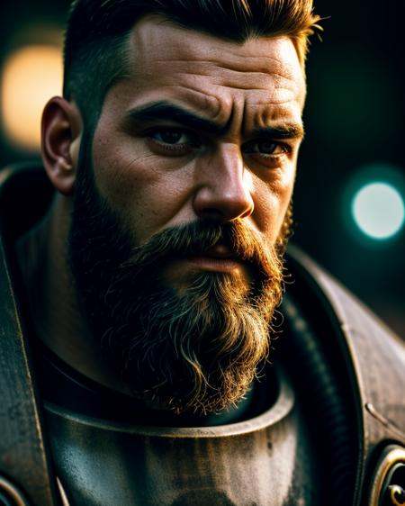 close up Portrait photo of muscular bearded guy in a worn mech suit,  ((light bokeh)),  intricate on Tensor.Art