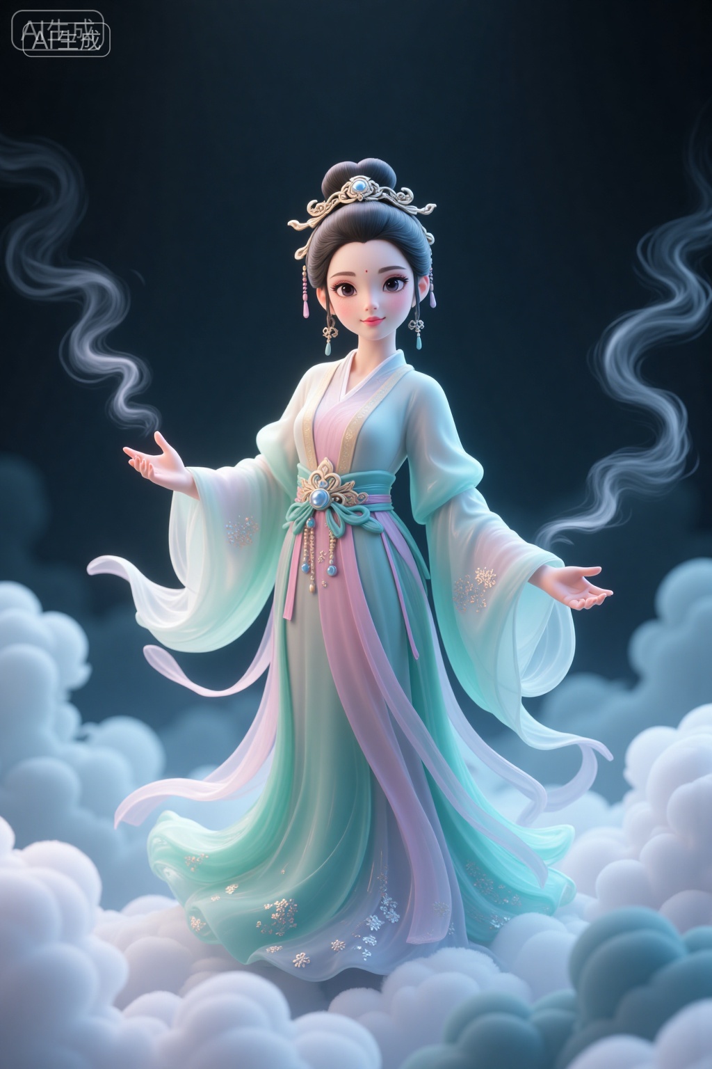This is a digital CGI artwork depicting a serene,ethereal woman with fair skin and dark hair styled in an ornate updo. She wears a flowing,pastel-colored traditional Chinese dress with intricate patterns. She stands amidst fluffy clouds against a dark,misty background,with wisps of smoke curling around her. The scene exudes a mystical,dreamlike quality.,, Negative prompt: ng_deepnegative_v1_75t,(badhandv4:1.2),(worst quality:2),easynegative,,nsfw, Steps: 20, Sampler: DPM++ 2M, CFG scale: 3.5, Seed: 447642293, Size: 1024x1536, Model hash: 8cba4f1ef4, Model: F.1基础算法模型-哩布在线可运行_F.1-dev-fp8.safetensors, Denoising strength: 0, RNG: CPU, Lora 1: 20250906-1757172058930-0005, Lora Hash 1: 441438c536, Lora Weight 1: 0.8, vae_name: automatic