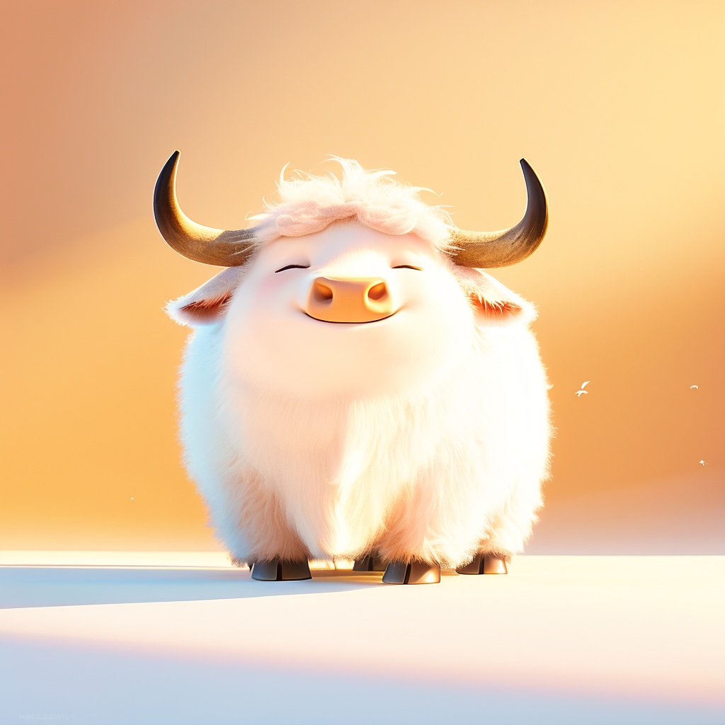 chouniu,cow,soft lighting,^ ^,cc-color-correction,whimsy and dramatic lighting,white fur,warm colors,mf-movie-filter,cute,no humans,solo,closed eyes,fluffy,full body,cow focus,horns,cow tail,standing,orange background,facing viewer,closed mouth,tail,cow horns,simple background,<lora:chouniu_rev:0.8>,