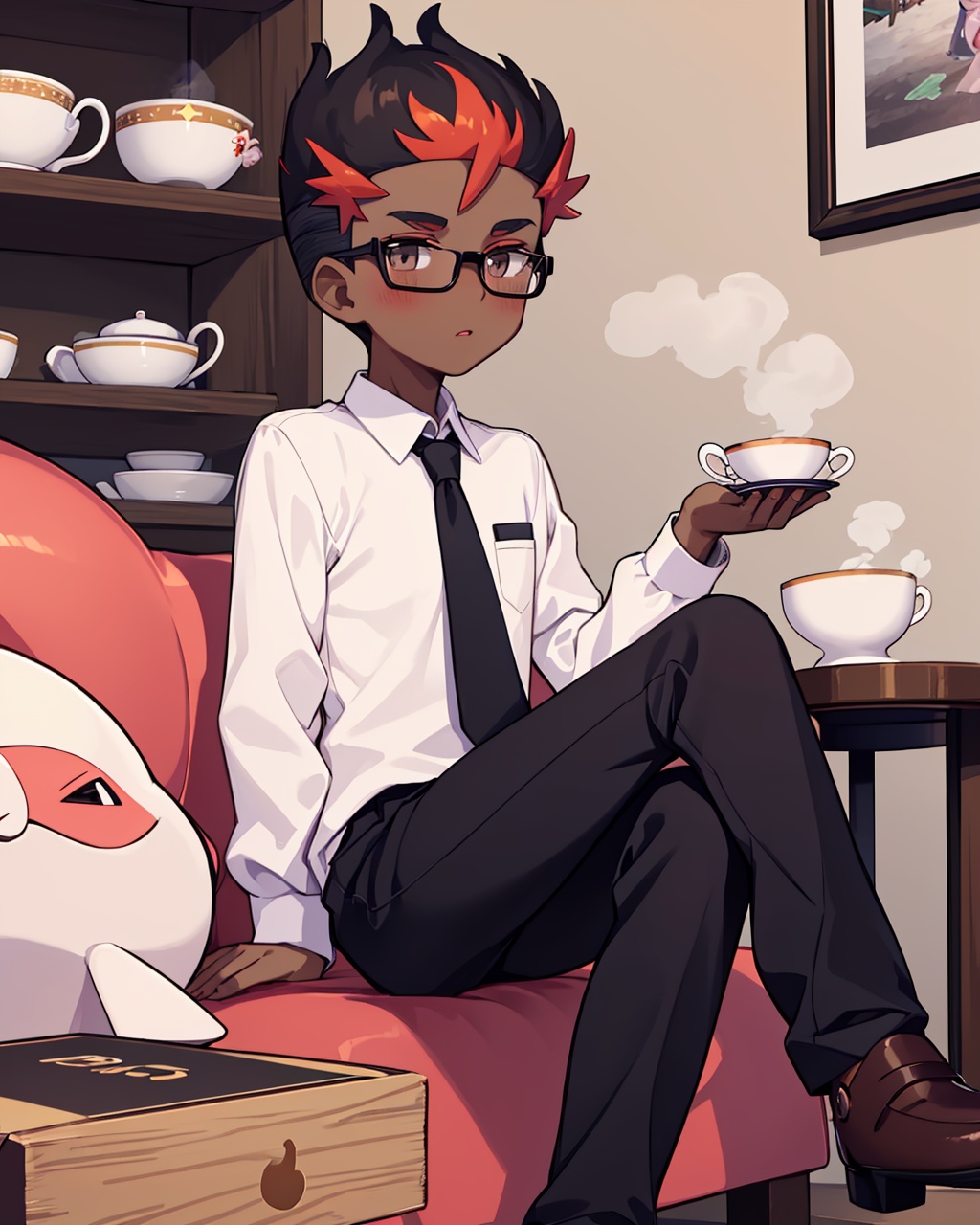 masterpiece,best quality, highly detailed, kiawe (pokemon),male focus, 1boy, dark-skinned male, white shirt, brown footwear, shoes, steam, closed mouth, necktie, solo, sitting, star (symbol), teacup, collared shirt, saucer, black-framed eyewear, alternate costume, mug, undercut, black pants, sugar cube, blush stickers, blush, bespectacled, long sleeves,<lora:kiawe_(pokemon):1>
