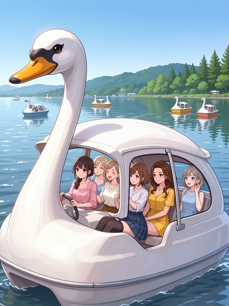 swan watercraft,  steering wheel,  multiple girls on Tensor.Art