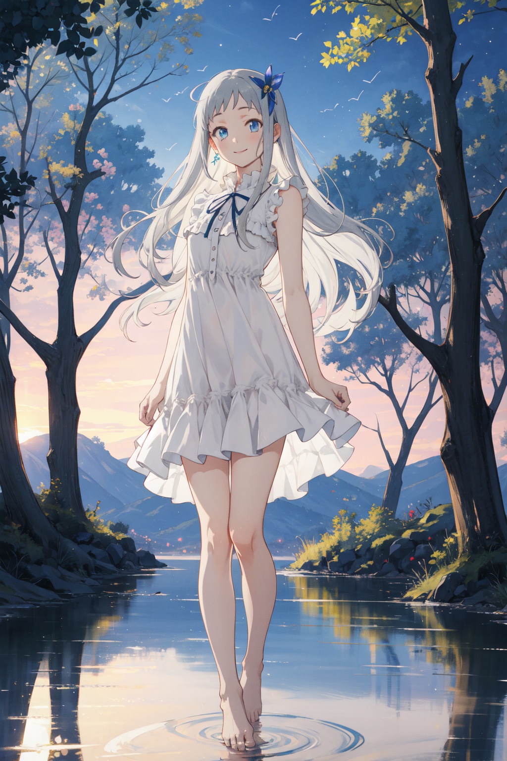 <lora:Menma-000015:0.9>,Menma CYQL,1girl,looking at viewer,solo,long hair,grey hair,blue eyes,smile,dress,ribbon,sleeveless,sleeveless dress,white dress,barefoot,full body,standing,frills,upper_body,Lake, Lakeside, Forest, Trees, Reflection, Serenity, Wildlife, Tranquility,(Bluebells, Beech trees, Misty dawn, Carpet of flowers, Early morning light, Birdsong:0.5),beautiful detailed sky,beautiful detailed glow,posing in front of a colorful and dynamic background,masterpiece,best quality,beautiful and aesthetic,contrapposto,female focus,wallpaper,