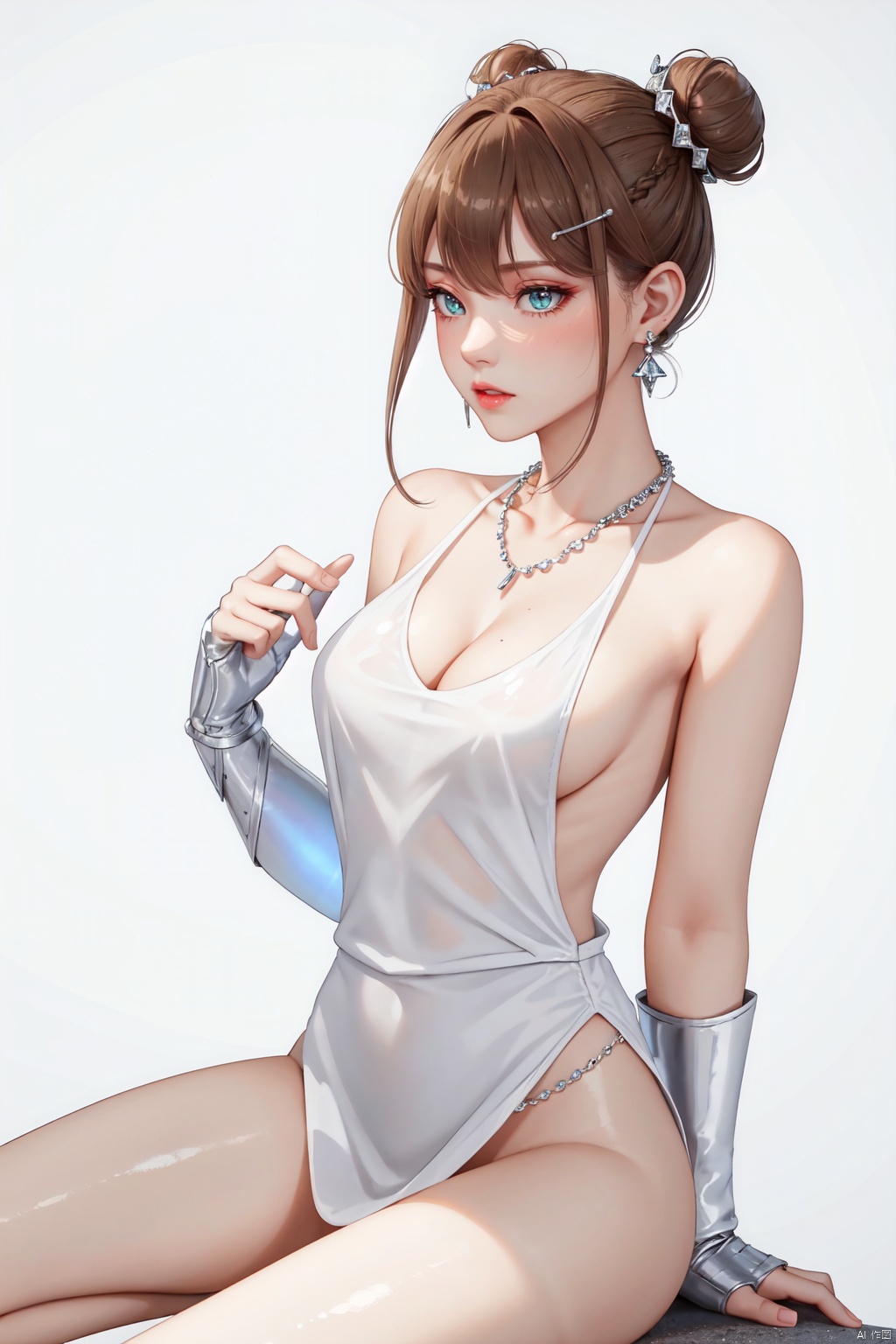 Realistic style, cinematic work, 8K wallpaper, masterpiece, very realistic quality, best quality, masterpiece, high-level, high-resolution,,,Edge lighting, dual tone lighting, soft lighting, The illuminated surface of the material has bright spots and highlights, which flicker and have a mirror effect when reflected, There are sparkling spots on the armor,,,1 girl, mature female, solo, full body, looking at viewer, lace, strong rim light, Standard proportion of female body, golden proportion of female body,,,Standing, standing posture, Sexy full body standing posture,,,,(qinchao, 1girl, hair ornament, hair between eyes, brown hair, hair bun, bangs, blush, x hair ornament, braid, short hair, pointy ears, eyelashes, double bun, green eyes, collarbone, white shirt, sleeveless, single glove, single sock, fingerless gloves, shiny hair, aqua eyes, horns, crossed bangs, single hair bun, hairclip,:1.2),,bare shoulders, off shoulder, black hairband, bikini bottom only, short dress, swimsuit, pleated dress, bikini, floating hair, blush, ass visible through thighs, skirt,White high-heeled shoes,:1.2),,,colorful,(detailed skin: 1.3), (detailed face: 1.3),clear focus,delicate,(mature women: 1.2),(glossy skin+glossy skin: 1.4),(sweating: 1.1),(big_eyes),red_ eyeshadow,long_ Eyelashes, red lips,,,simple background, grey background,,,(Diamond hair accessories, diamond necklaces, diamond earrings, diamond earrings, clothes embedded with diamonds, armor embedded with diamonds,:1.3),, qinchao, luoli<lora:EMS-326495-EMS:0.300000>
