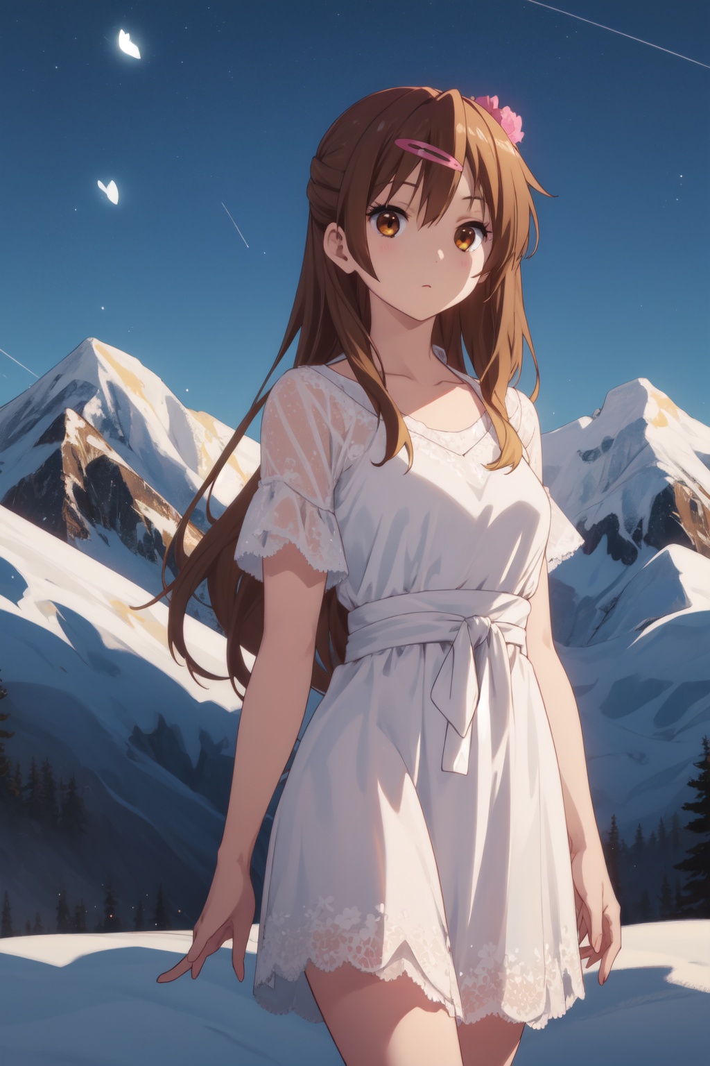 <lora:Shinka-000011:0.8>,Shinka CYQL,1girl,looking at viewer,solo,long hair,brown hair,one side up,brown eyes,hairclip,hair ornament,Midi dress, flats,light_blush,bust,Pass, Snow, Alps, Mountains, Peaks, Cold, Adventure, Serenity,(Cherry blossoms, Avenue of trees, Blossom petals, Springtime stroll, Hanami season, Japanese tradition:0.5),beautiful detailed sky,beautiful detailed glow,posing in front of a colorful and dynamic background,masterpiece,best quality,beautiful and aesthetic,contrapposto,female focus,wallpaper,