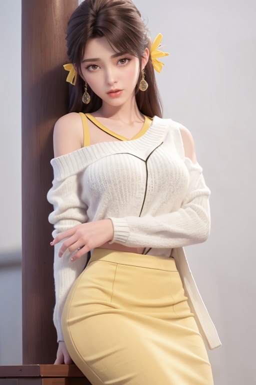 1 girl,Black hair,(White sweater:1.4),(Bare shoulder:1.2),Medium breast,Cleavage of breast,(Yellow pencil skirt:1.4),,<lora:efe0b5259240ab24697107bec85cb1333f69d8a795ea946112382384726b5fca:0.51>
