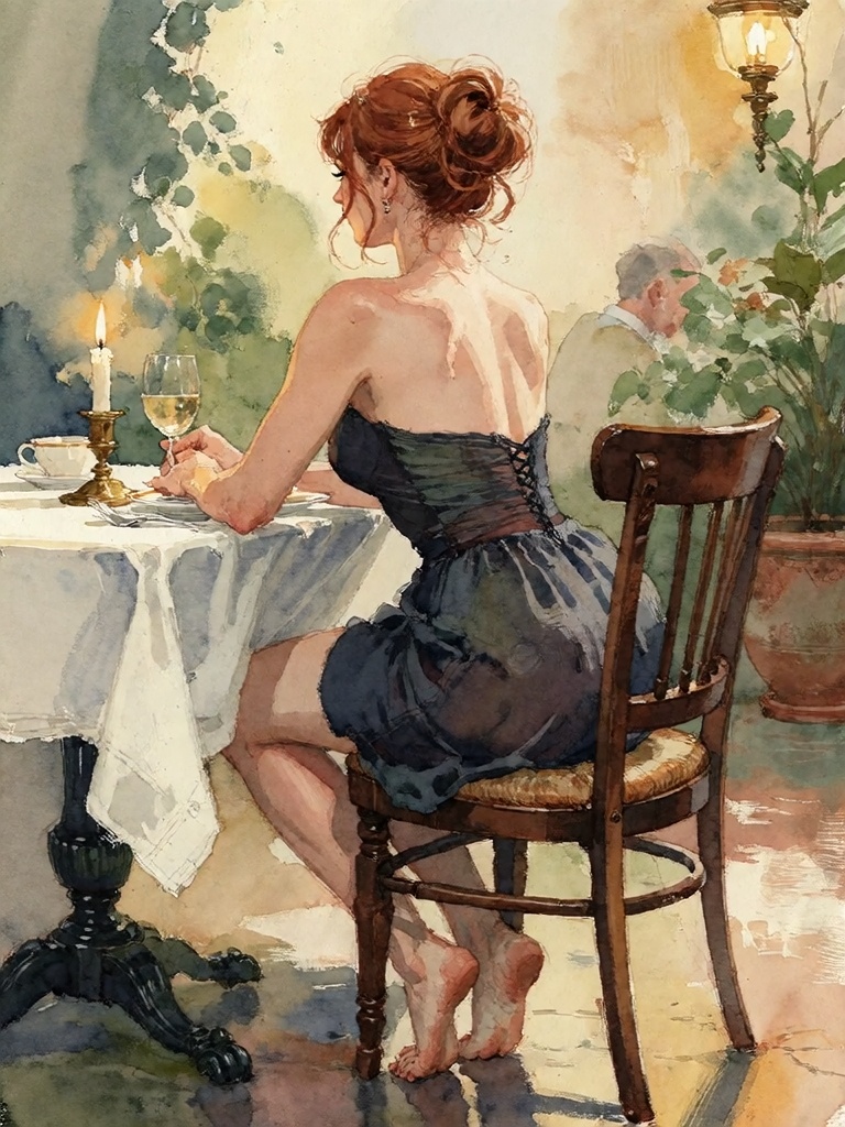 Bradhamel art style.A woman with reddish-brown hair tied up in a bun,  seen from behind,  sits at a table in an intimate o...