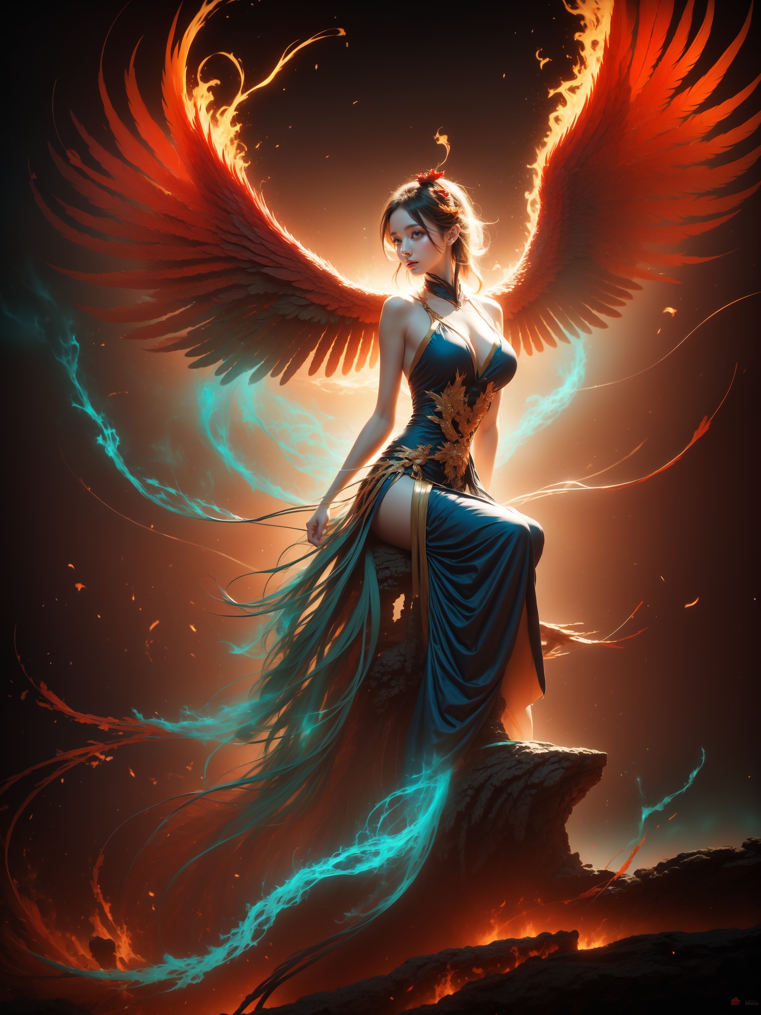 1 girl, Woman focus, fire, dress, bird, breasts, Long hair, Hanfu, sitting,Colorful_phoenix, Darkness, bird, wings, glowing,  feathers, green fire, glowing eyes, talons <lora:kim_phoenix6:1>