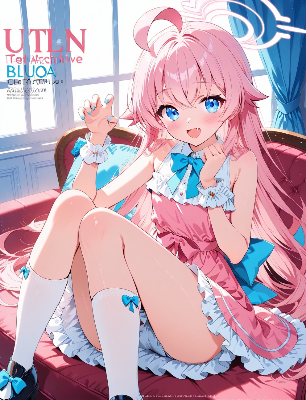 O,hoshino (blue archive),1girl, heterochromia, solo, long hair, blue eyes, pink hair, hoshino (blue archive), ahoge, heart, smile, halo, curtains, feet out of frame, socks, sitting, very long hair, bangs, claw pose, dress, :d, frills, bare shoulders, white socks, looking at viewer, fang, window, hair between eyes, knees up, hands up, wrist cuffs, blush, open mouth, pink dress, indoors, frilled dress, kneehighs, off shoulder, knees together feet apart, skirt, bow, pink bow,(aesthetics ),masterpiece,best quality,ultra high definition,32K resolution,clear focus,delicate details,high-end texture,fashion photography,film perspective,rich colors,color palette,advertising style,tension composition,masterpiece,mild atmosphere,latest,dynamic Dutch perspective,transparent composition,magazine cover,cover,