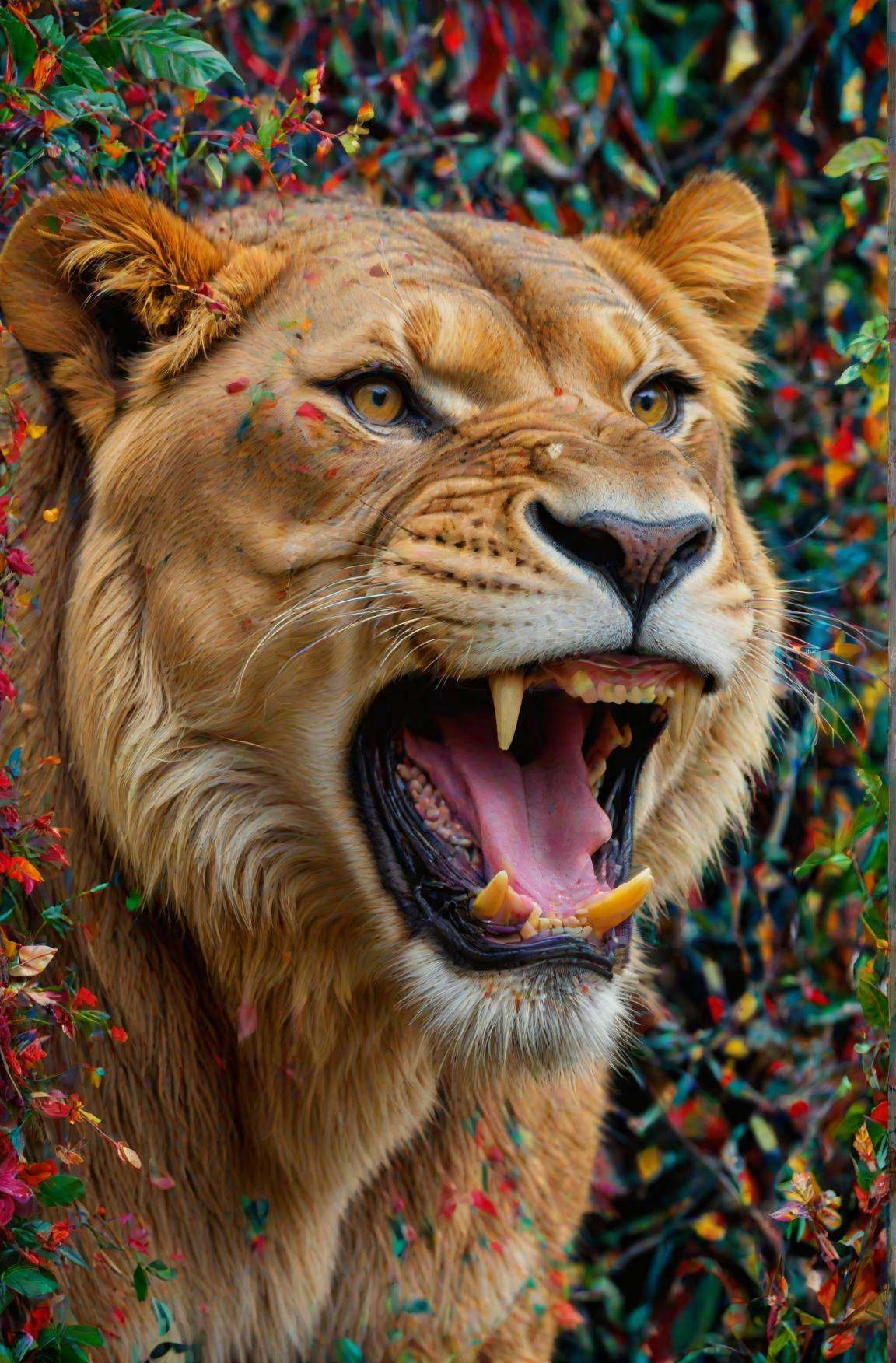 portrait of maximalist detailed lioness roaring in the abstract patterned jungle, beautiful high definition
