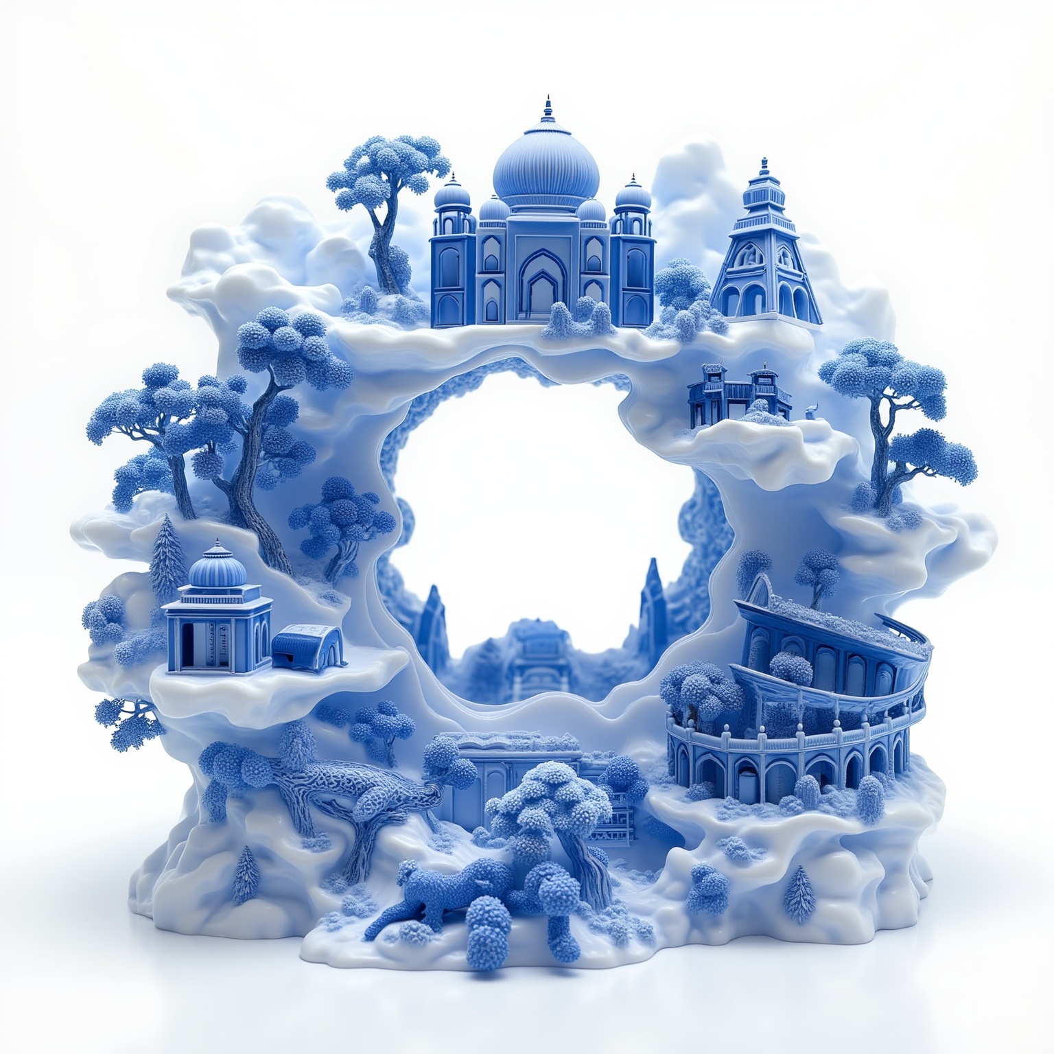 <lora:YY青花瓷F.1:1>,blue and white porcelain style,An ice ring,consisting of sculptures made of ice depicting animals,plants,a Chinese palace,the Taj Mahal,the Eiffel Tower in Paris,and the Colosseum in Rome.,