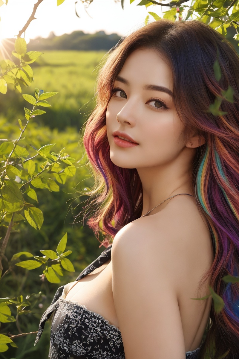 bestquality,masterpiece,girlwithreallywildhair,mane,multicoloredhair，realistic, photorealistic,Warm lighting,NOISE OFFSET,1girl,upper body, facing straight, (looking at viewer), medium breasts, collarbone,cleavage,black （front-tie ）The gentle sunshine and natural scenery under the sunlight: The sunshine is a source of vitality for life. It shines on all things in nature, makes all plants and trees full of vitality, and gives natural scenery a gentle and warm aesthetic.