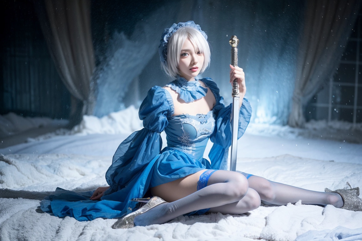 Cosplay,1girl,ass,solo,thighhighs,blue eyes,veil,white hair,looking at viewer,window,indoors,looking back,underwear,short hair,from behind,snowflake print,puffy sleeves,parted lips,panties,blue thighhighs,long sleeves,leotard,see-through,lips,snowflakes,lingerie,realistic,<lora:Cosplay_V1.0:1>,starry_background,Tyndall effect,in winter,snow,facepaint,lipgloss,colored_eyelashes,