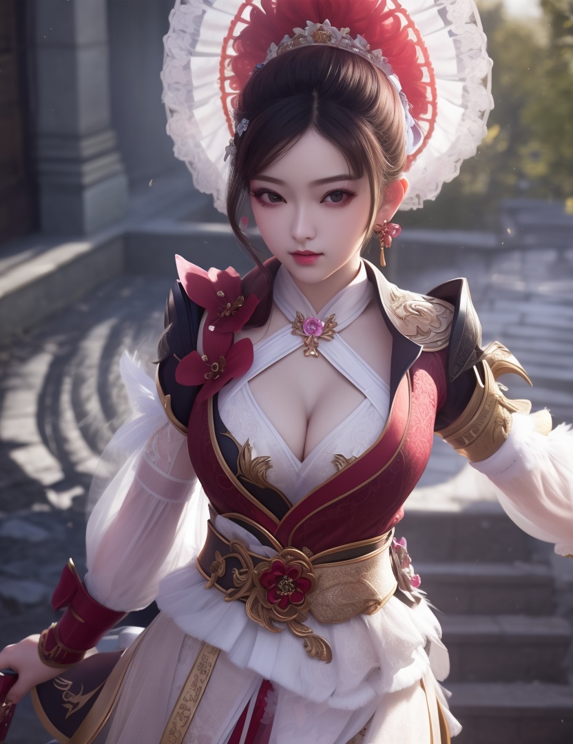 <lora:530-DA-永劫无间-魏轻-玉面判官:0.8>(,1girl, ,best quality, ),looking at viewer,  ,ultra detailed background,ultra detailed background,ultra realistic 8k cg,, ,masterpiece, (( , )),, ,   ,   cure blossom,  ,,  (cleavage), (), ,,