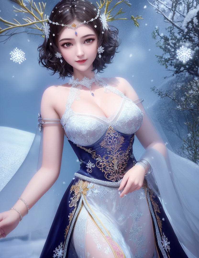 ultra realistic 8k cg, flawless, clean, masterpiece, professional artwork, famous artwork, cinematic lighting, cinematic bloom, perfect face, beautiful face, fantasy, dreamlike, unreal, science fiction,   lace, lace trim, lace-trimmed legwear, luxury, jewelry, diamond, gold, pearl, gem, sapphire, ruby, emerald, intricate detail, delicate pattern, charming, alluring, seductive, erotic, enchanting, hair ornament, necklace, earrings, bracelet, armlet,halo,autumn,((,1girl, pov,best quality, ))  , ((((1girl, solo,outdoors, large breasts,,snowflakes,  snow, snowing,   ))))    <lora:DA_BaiCai:0.7>
