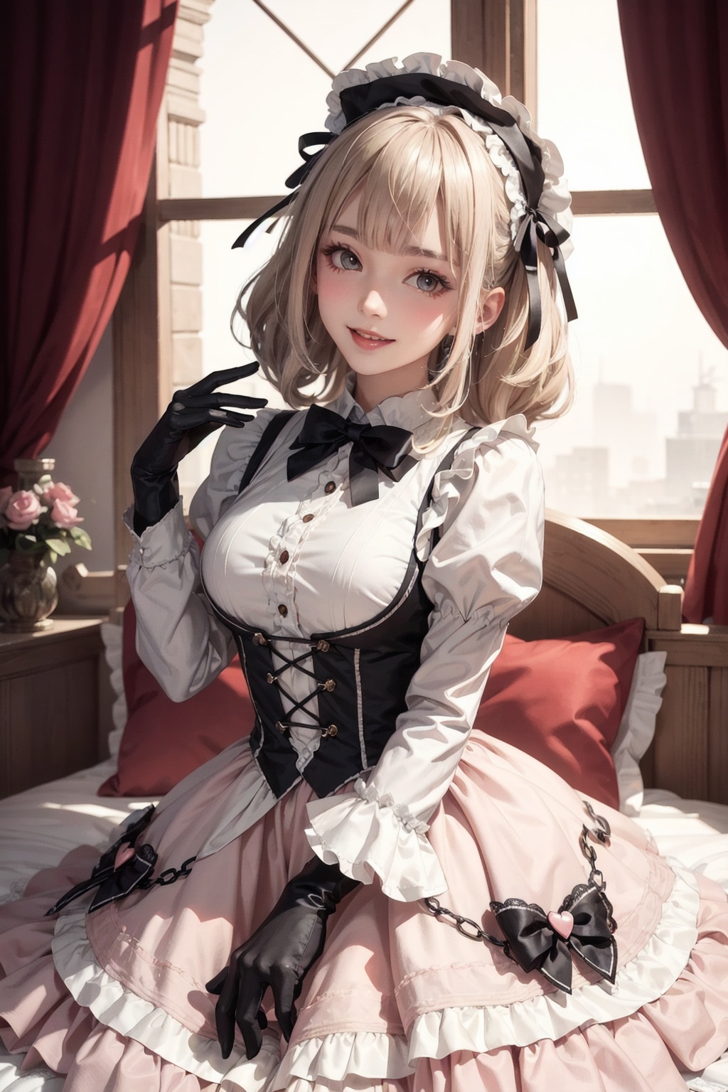 (1girl)wearing a skirt, best quality, looking at the audience,,colorful,light <lora:ARWSweetLolita:1>,sweetlolita at bedroomgothic gothic interior, yellow dress fabric,  heart shape on cheek, blush pink makeup, gloves, smile, pastel color, ornate,