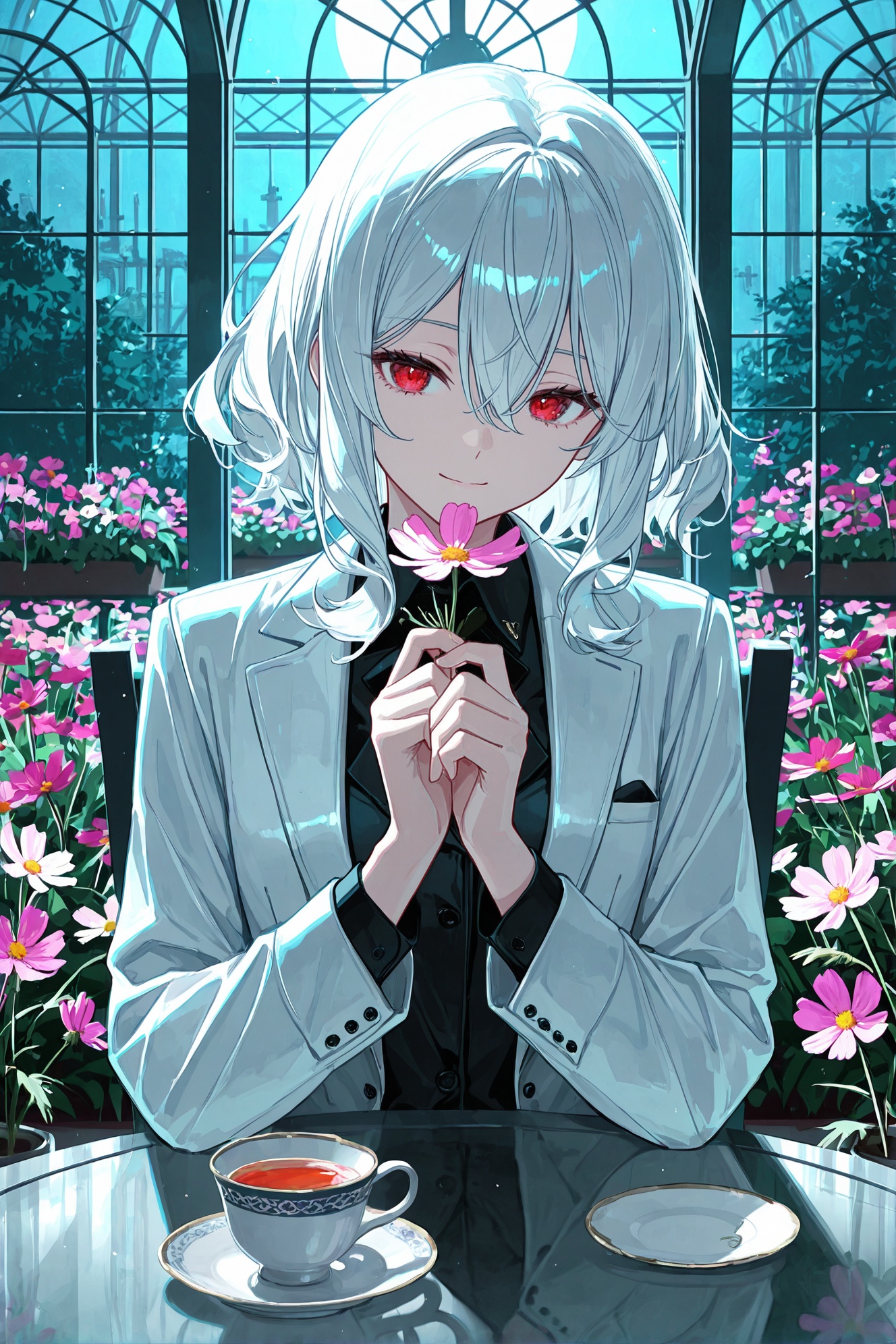 Masterpiece,Best Quality,Best Score,Best Anatomy,ultra deitailed,white suit,sci-fi,futuristic,red eyes,1girl,(c, android),white hair,medium hair,hair between eyes,wavy hair,Miasma,biomech,cosmos,pink flowers,holding flower,garden,greenhouse,soft smile,solo,Cinematic Lighting,refraction,moonlight,Elegant Crystal Lighting,formal suit,tailcoat,open coat,indoors,full scene,sit at table in garden,tea cup on table,coat thrown on,<lora:add-detail-xl:1>,<lora:nyalia_NoobXL:0.3>,usnr,<lora:cutesexyrobutts_style_illustrious_goofy:0.2>,<lora:USNR_STYLE_ILL_V1_lokr3-000024:0.5>,