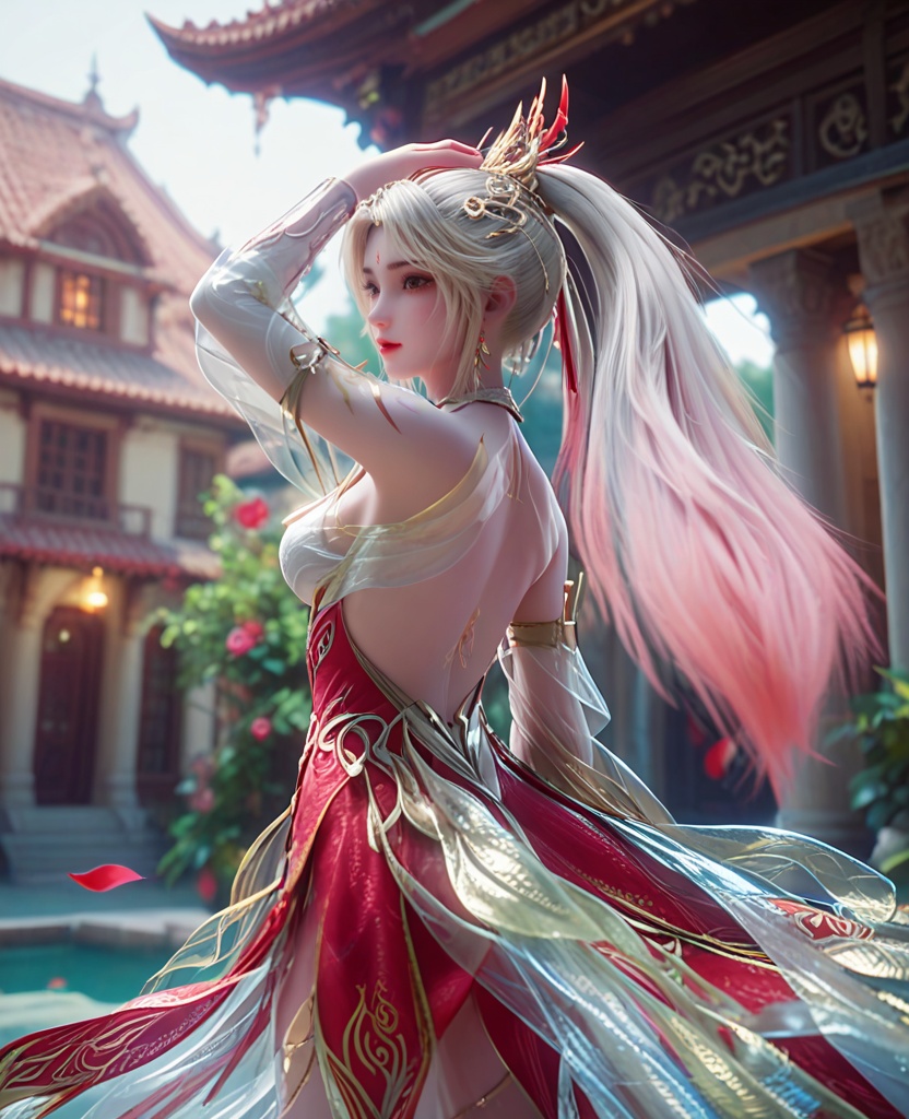 (oriental architecture, elegant decor, sophisticated style:1.1),Standing tall, one leg slightly bent at the knee, arms elegantly raised above the head, she embodies the beauty of classical sculpture with every curve of her form,(breasts:1.2),<lora:XL完美世界剧版火灵儿浴火妆:0.95>,1girl,solo,red backless dress,silver gradient pink ponytail,collar,see-through shawl,backless outfit,earrings,forehead mark,see-through trim,see-through,clavicle tattoo,back tatto,jewelry,hair ornament,, zPDXL2, score_9, score_8_up, score_7_up BREAK realistic, masterpiece,best quality, highly detailed,, zPDXL3, zPDXL2,zPDXL, zPDXLxxx, zPDXLrl,