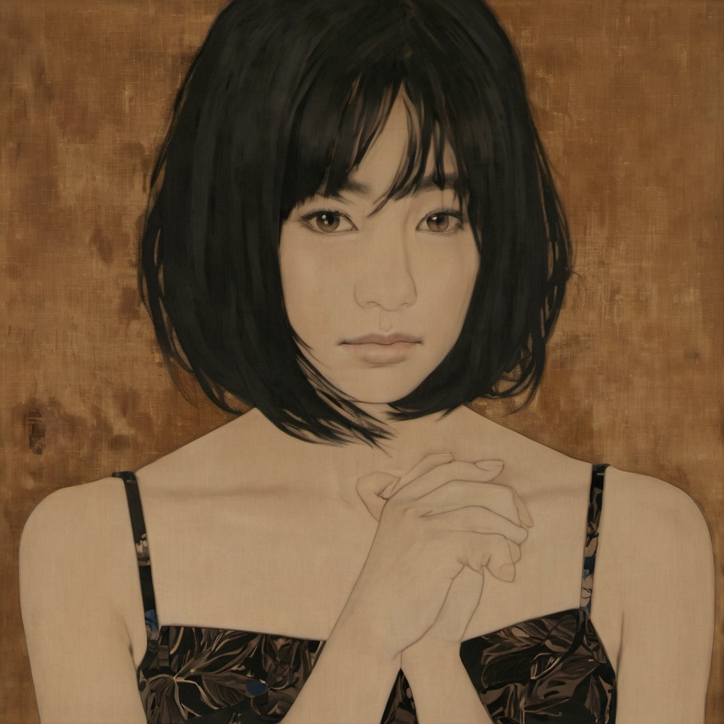 <lora:ukiyo-e_xl_v2:1>,1girl, solo, looking_at_viewer, short_hair, black_hair, dress, bare_shoulders, brown_eyes, closed_mouth, upper_body, medium_hair, black_dress, lips, floral_print, own_hands_together, interlocked_fingers, brown_background, collarbone, black_eyes, own_hands_clasped, a portrait of a young woman with long and dark hair, She has a contemplative expression and with her eyes gazing slightly downward, The woman is wearing a sleeveless top with a dark pattern possibly floral or abstract, The background is a muted brown and which contrasts with her dark hair and attire, The artwork appears to be a painting possibly created using traditional techniques, given the visible brush strokes and the texture of the canvas, young woman, long dark hair, contemplative expression, sleeveless top, dark pattern, muted brown, artwork, traditional techniques