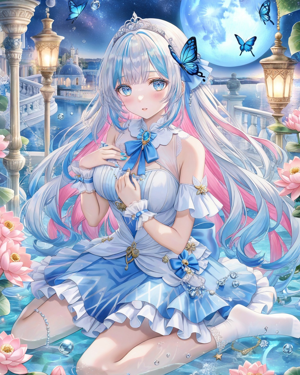 1girl,flower,solo,blue eyes,long hair,bug,butterfly,dress,socks,sitting,holding,bangs,white hair,blue butterfly,pink flower,white dress,star (sky),white socks,bubble,parted lips,very long hair,blue nails,sleeveless,water,blue hair,multicolored hair,wrist cuffs,bare shoulders,jewelry,wariza,looking at viewer,sleeveless dress,starry sky,blush,hair ornament,full body,no shoes,tiara,sky,colored inner hair,frills,blue dress,two-tone hair,gem,nail polish,pink hair,sparkle,frilled dress,breasts,see-through,lotus,night,water drop,planet,moon,hand on own chest,