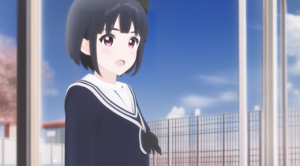 1girl,school uniform,black hair,solo,short hair,bow,open mouth,brown shirt,hair bow,red bow,red eyes,serafuku,sailor collar,white sailor collar,shirt,sky,kitauji high school uniform,looking at viewer,bangs,day,blue sky,blush,cloud,outdoors,<lora:kuqishaonv:1>,super clear,high quality,