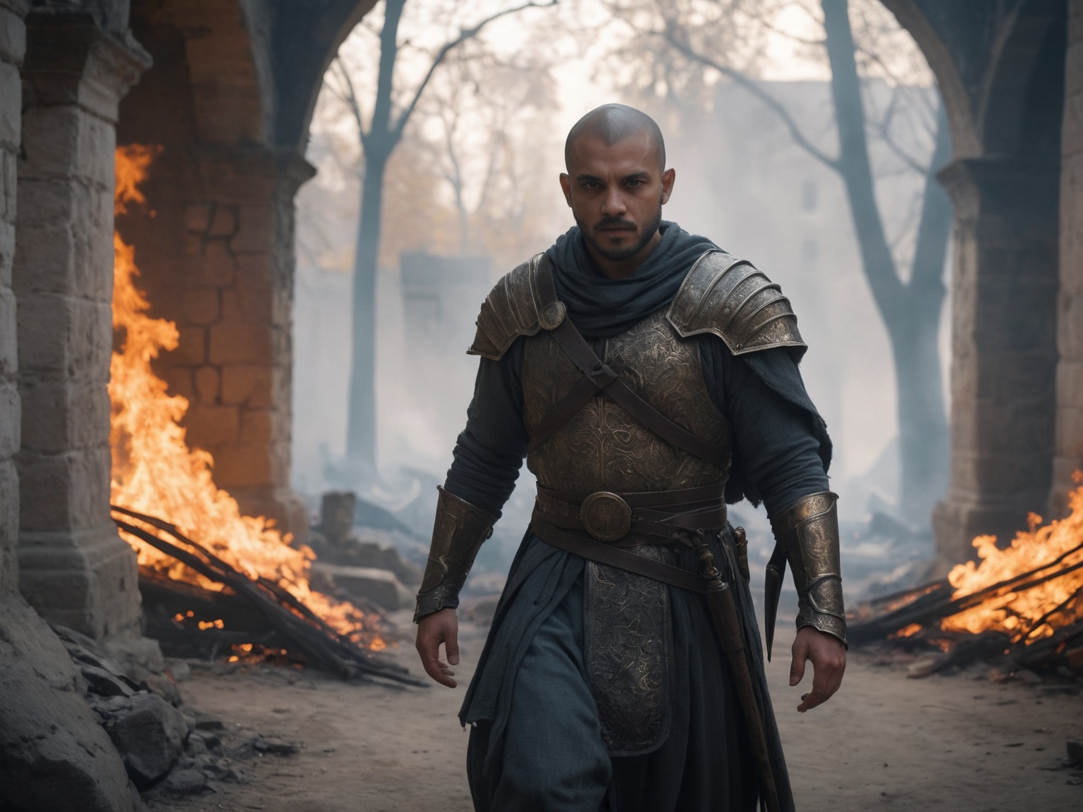 khaluub walking through a medieval ruins covered in smoke,  solo,  1other on Tensor.Art