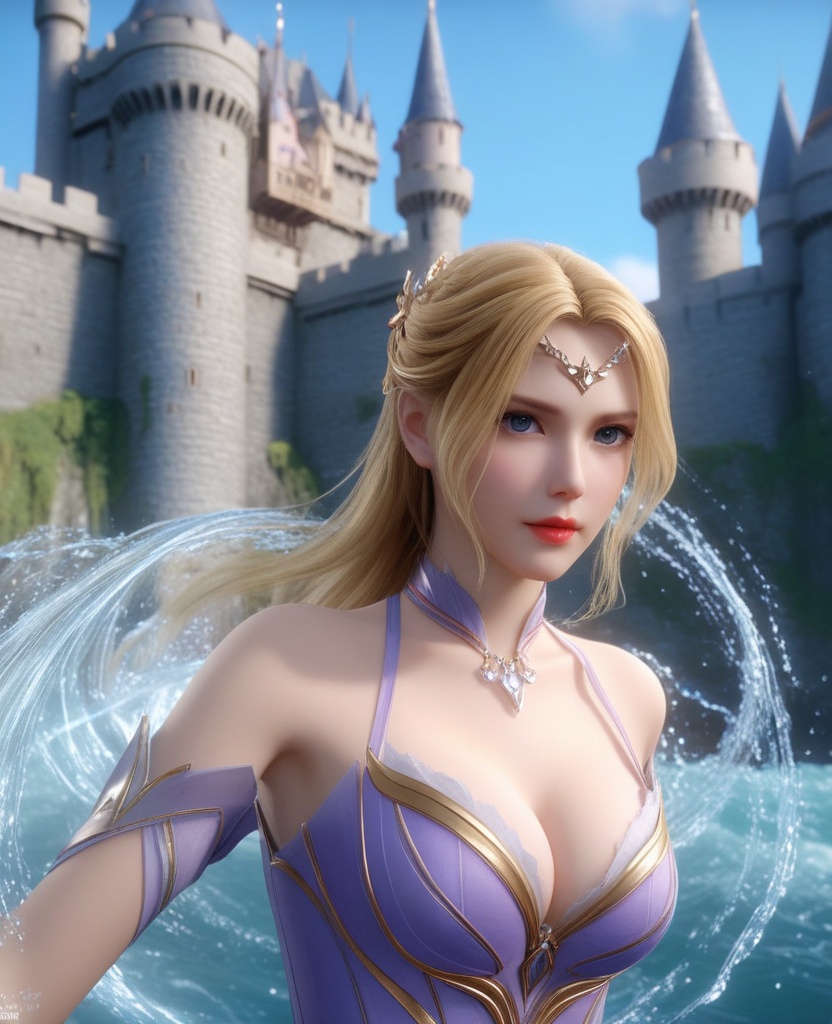 <lora:572-DA-XL-斗罗大陆-千仞雪:1>(,1girl, ,best quality, ),looking at viewer,ultra detailed background,ultra detailed background,ultra realistic 8k cg, ,masterpiece, (( , )),     ,castle,     (hydrokinesis),  (cleavage), (),