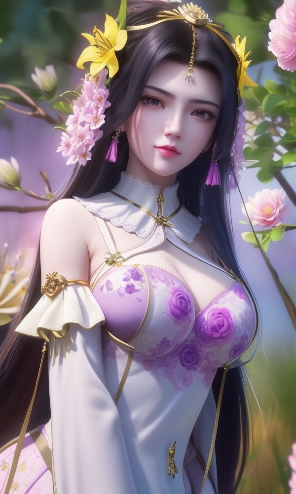 (,1girl, ,best quality, ),looking at viewer, <lora:404-DA-仙逆-凤栾:0.8> ,ultra detailed 8k cg,ultra detailed background,ultra realistic 8k cg,1girl, solo,(bare shoulders:0.85),(masterpiece, best quality),((oil painting style)),sexy young lady,(beautiful face and eyes),(upper body:1.5),(whole body:1.05),(single person:1.2),surrounded by flowers, (lily), roses, floret, vegetation, white, purple, purplish pink,Impressionism,colorful,(Breast size:1.3),(()), 