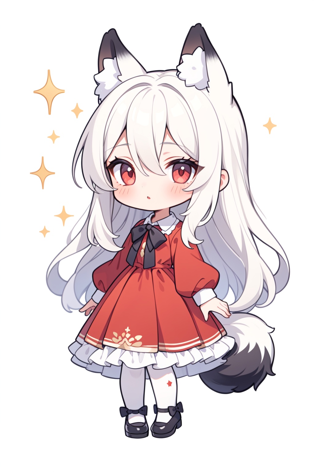 1girl,solo,animal ears,red eyes,tail,animal ear fluff,long sleeves,red dress,long hair,dress,puffy long sleeves,shoes,white background,full body,puffy sleeves,bow,black footwear,white hair,thighhighs,black bow,chibi,bangs,sparkle,parted lips,simple background,hair between eyes,looking at viewer,very long hair,white thighhighs,blush,extra ears,frills,standing,fox tail,collared dress,fox ears,<lora:糖果森林_XL_LoRA_v1.1:1.3>,, masterpiece,best quality,very aesthetic,absurdres,