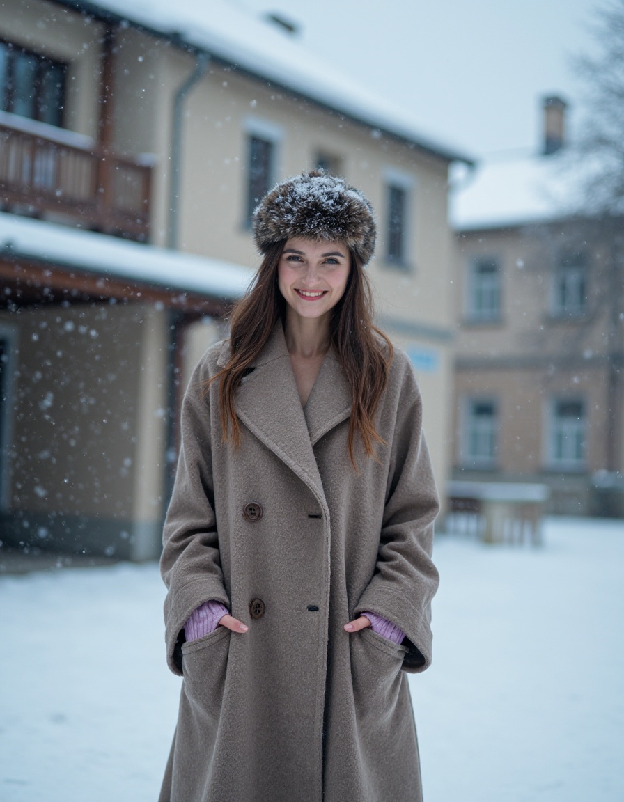 a woman standing in front of a building in the snow with a coat on and a hat on her head, snow, aestheticism