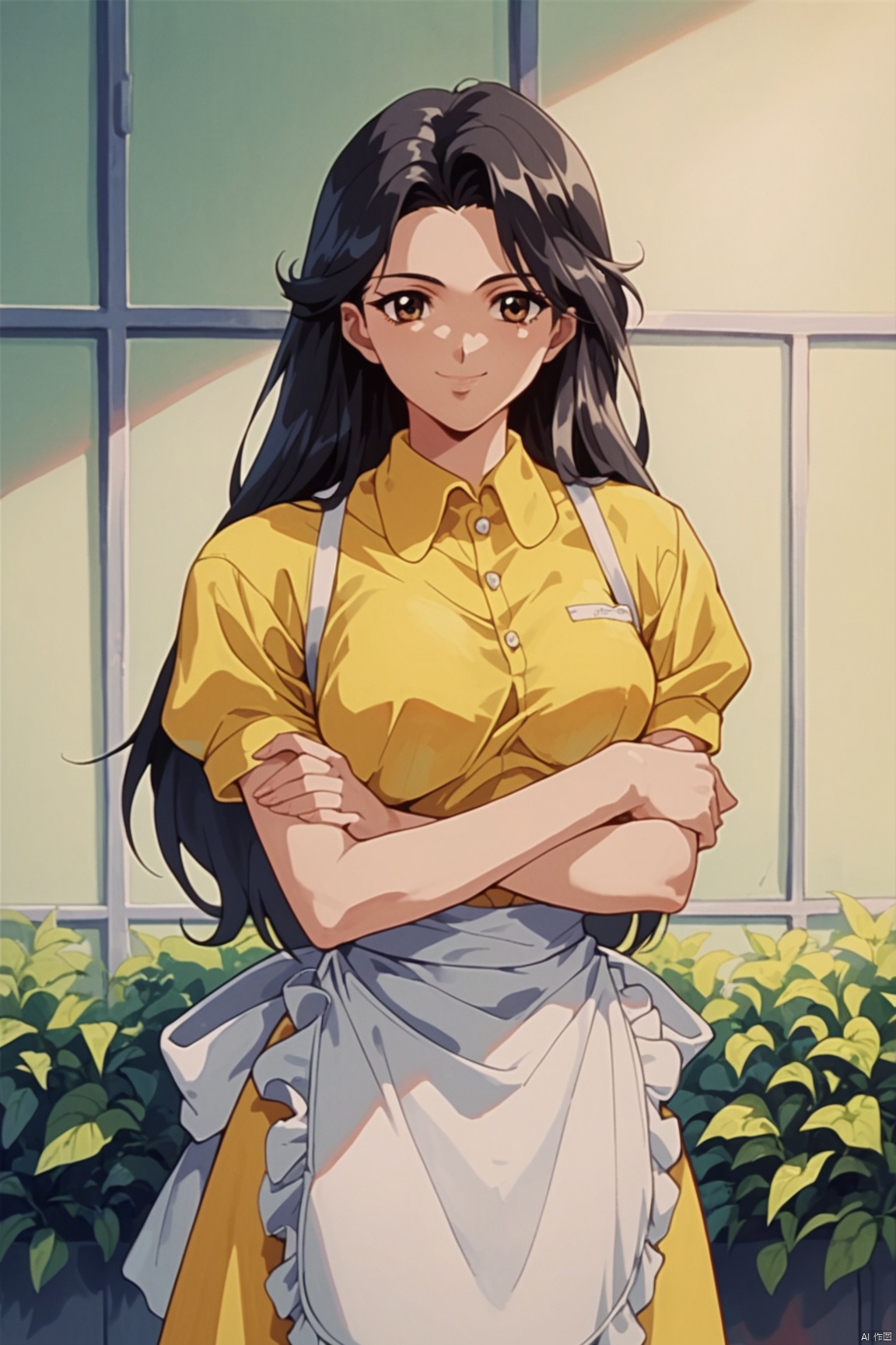 score_9,score_8_up,score_7_up,score_6_up, retro artstyle, 1980s (style),1girl, solo, long hair, black hair, brown eyes, looking at viewer, apron, smile, shirt, short sleeves, holding own arm, breasts, yellow shirt, dress, standing