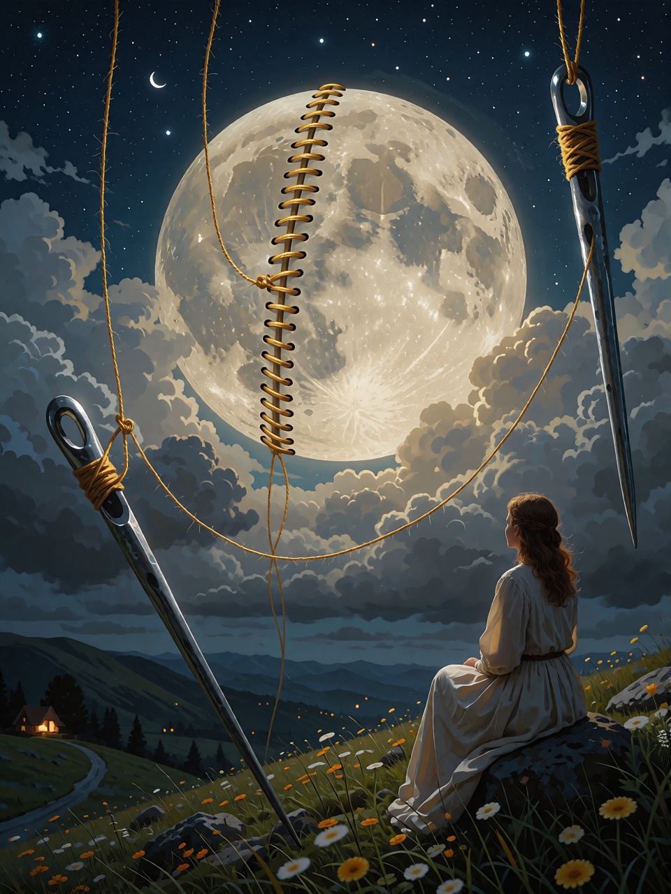 A surreal night landscape where the moon has been stitched into the sky with giant golden threads,  enormous needles hangi...