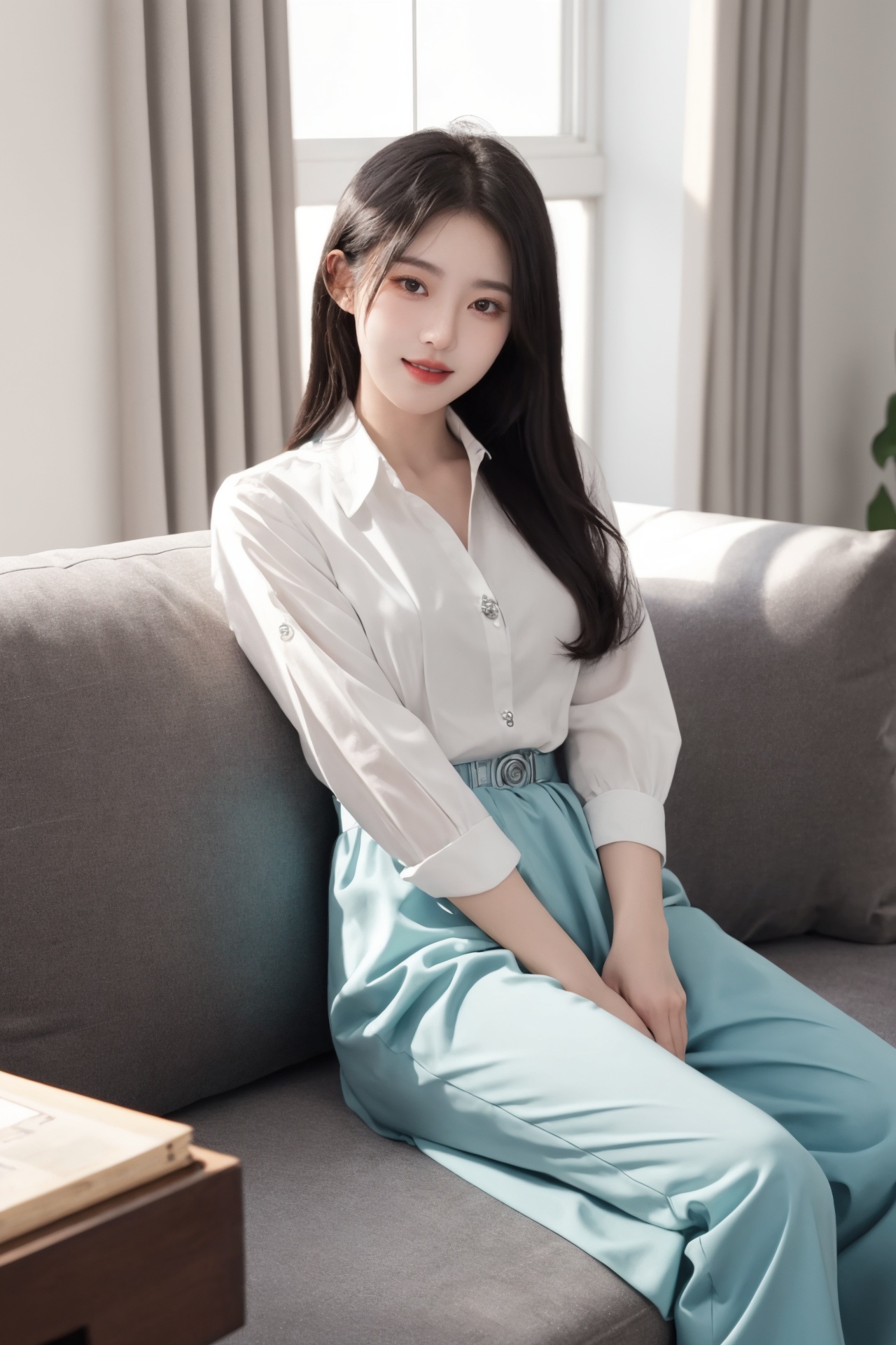 1girl, asian, black hair, brown eyes, buttons, couch, curtains, dress shirt, indoors, lips, looking at viewer, pants, realistic, shirt, sitting, smile, solo<lora:绘画美女1.0:0.66>