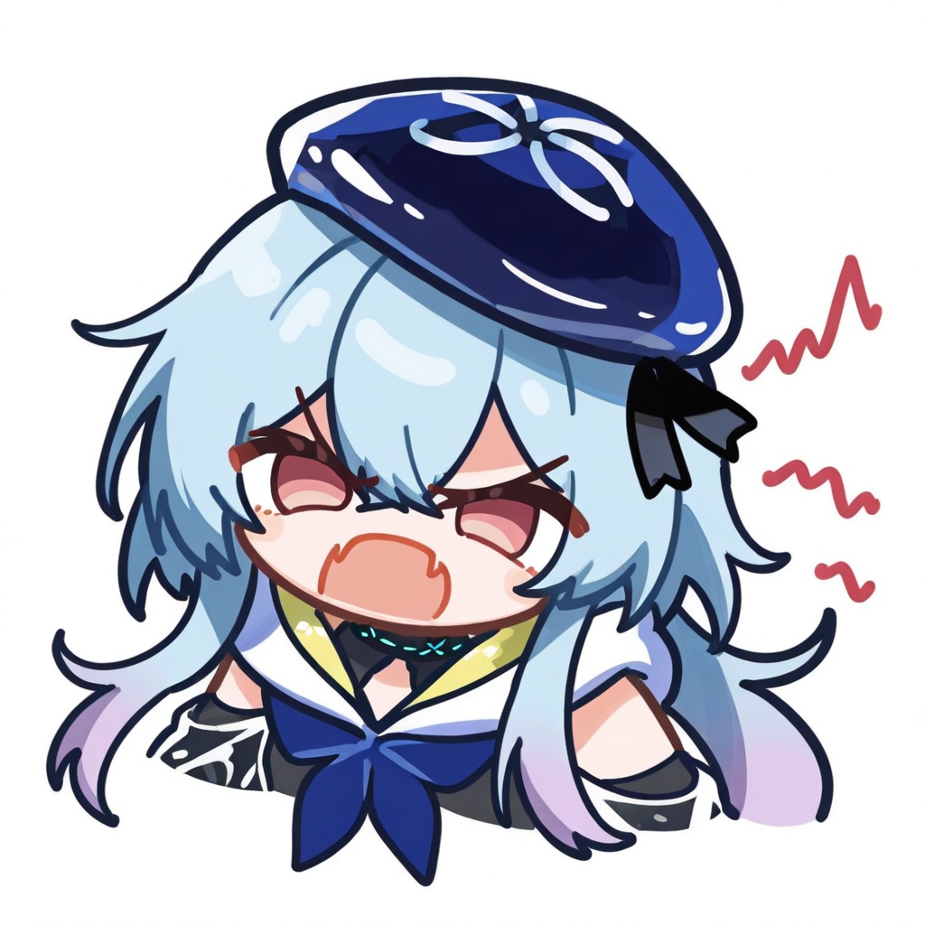 <lora:haqi_angry_fang>,<lora:ieul_7_chibi_noob1:0.8>,mizuki \(arknights\),arknights,blue hair,hair between eyes,hat,beret,blue headwear,pink eyes,sidelocks,long hair,multicolored hair,gradient hair,chibi,1girl,solo,upper body,haqi,angry,fang,v-shaped eyebrows,looking at viewer,open mouth,white background,simple background,