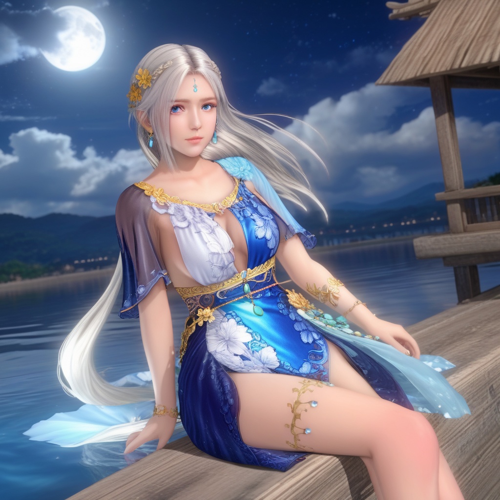 <lora:847-DA-XL-死或生-Elise-BirthdaySuit-20220903:0.8>, SFW,(masterpiece:1.2),best quality,absurdres,masterpiece,original,extremely detailed wallpaper,perfect lighting,(extremely detailed CG:1.2),1girl, solo, long hair, blue eyes, hair ornament, dress, jewelry, sitting, flower, white hair, earrings, sky, cloud, water, white dress, bare legs, night, facial mark, moon, forehead mark