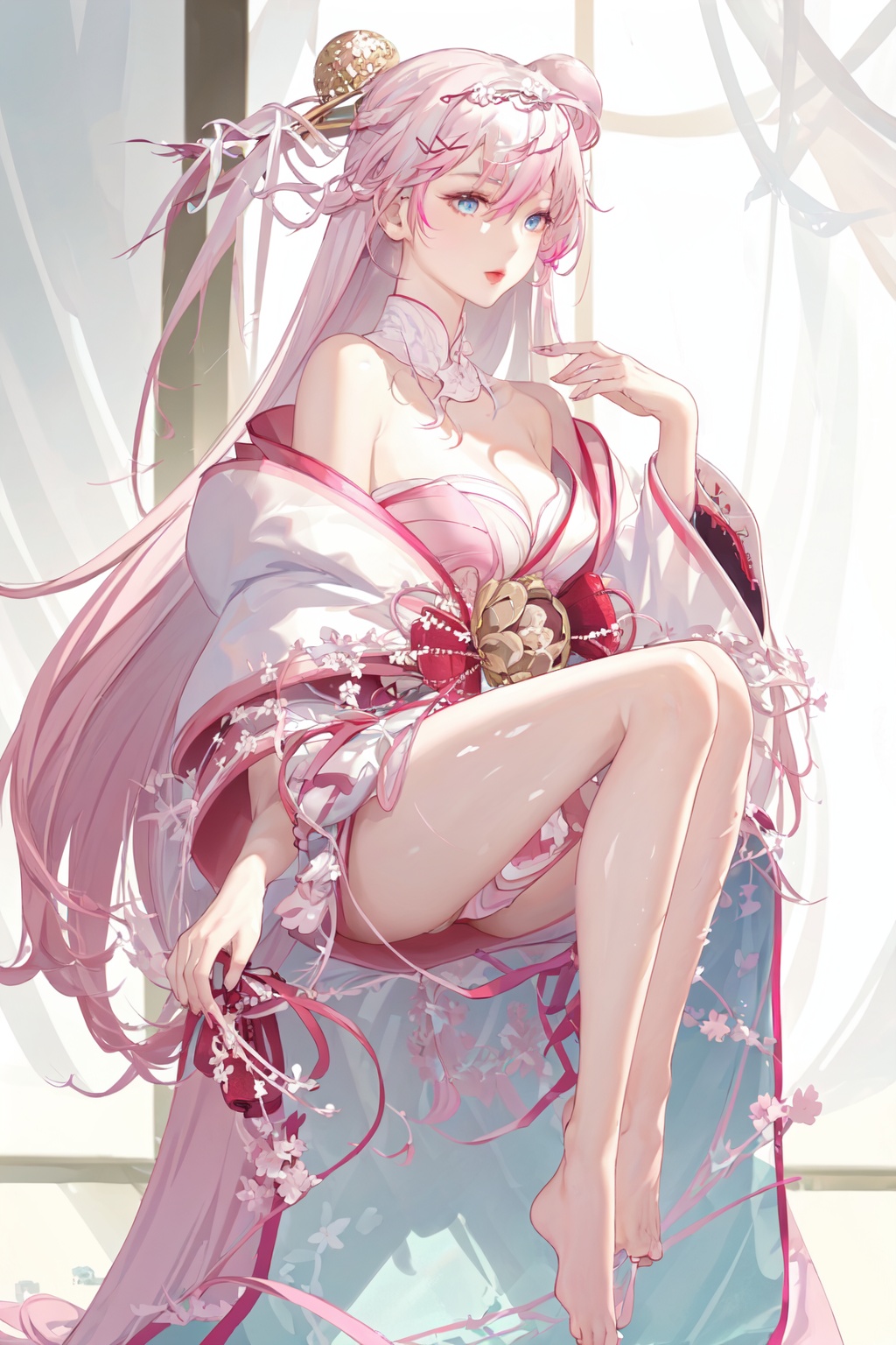 1girl, solo, long hair, hair accessories, blue eyes, pink hair, cleavage, Japanese clothing, bare shoulders, kimono, cleavage, pink clothes, bare shoulders, thighs, bare thighs, perfect female figure, beautiful face, perfect hands, perfect feet<lora:EMS-339596-EMS:0.800000>