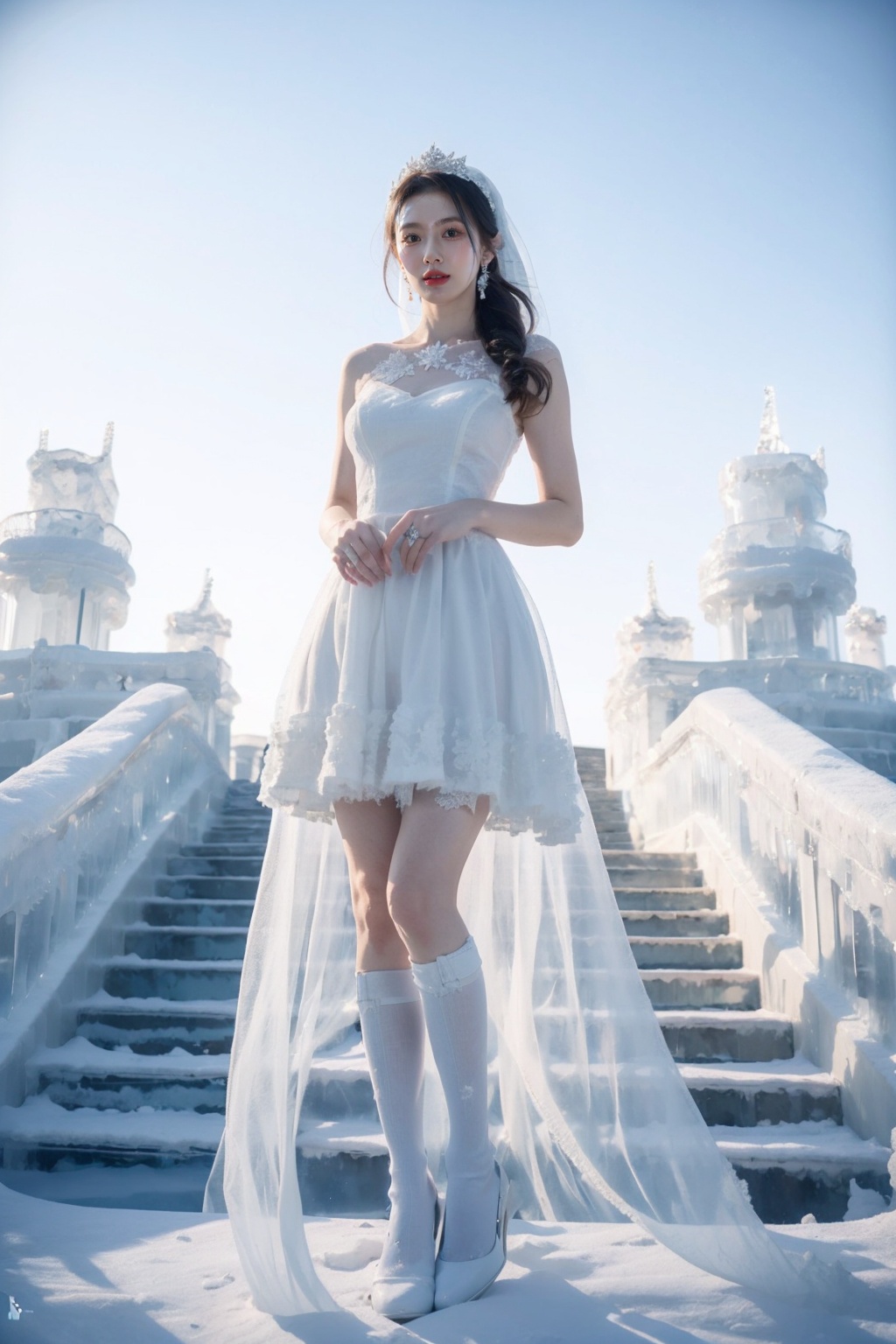 wearing a white dress,a girl wearing a wedding dress,white dress,ice and snow crown,high end long tail wedding dress,long legs,(white stockings:1.2),sky,cloud,ice castle,ferris wheel,looking_at_viewer,standing,<lora:Ice and Snow World_20231223195220-000010:0.7>,nikon lens,ice steps,1girl,solo,earrings,long hair,jewelry,realistic,brown hair,brown eyes,snowflakes,drifting snowflakes,