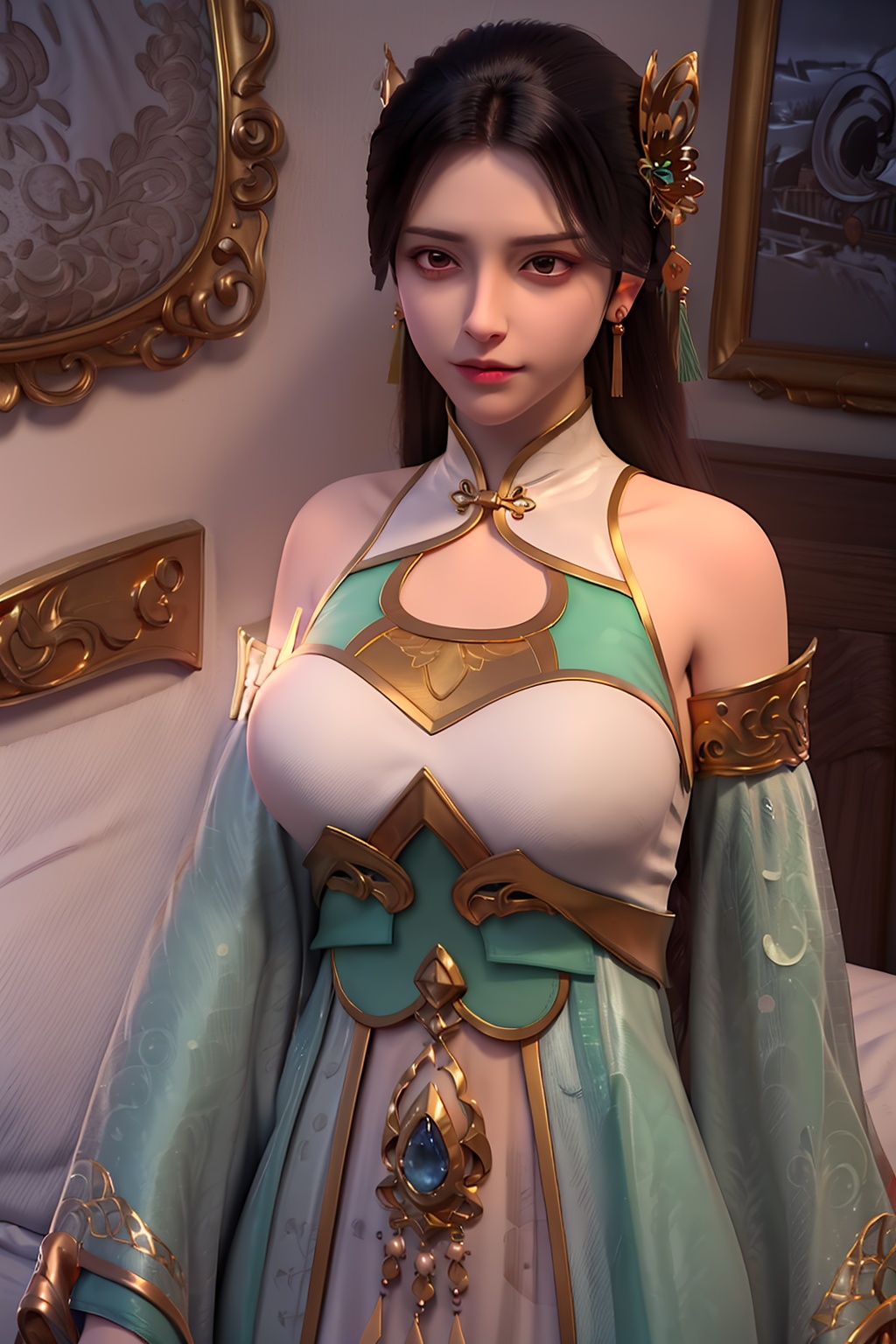 3D,masterpiece,(best quality),(makeup),official art, extremely detailed cg 8k wallpaper,((crystalstexture skin)), (extremely delicate and beautiful),(highly detailed),(face),(tassel),(collar),(gold),(1girl), (solo), (jewelry), (earrings),(black_hair),(long_hair),(hair_ornament),(handwear),(breasts),portrait,(off-shoulder_dress),(closed_mouth),,(shiny_clothes),(city,indoor,bed),,((looking_at_viewer)),((Facing the camera)),, <lora:hipoly3DModelLora_v10:0.3>