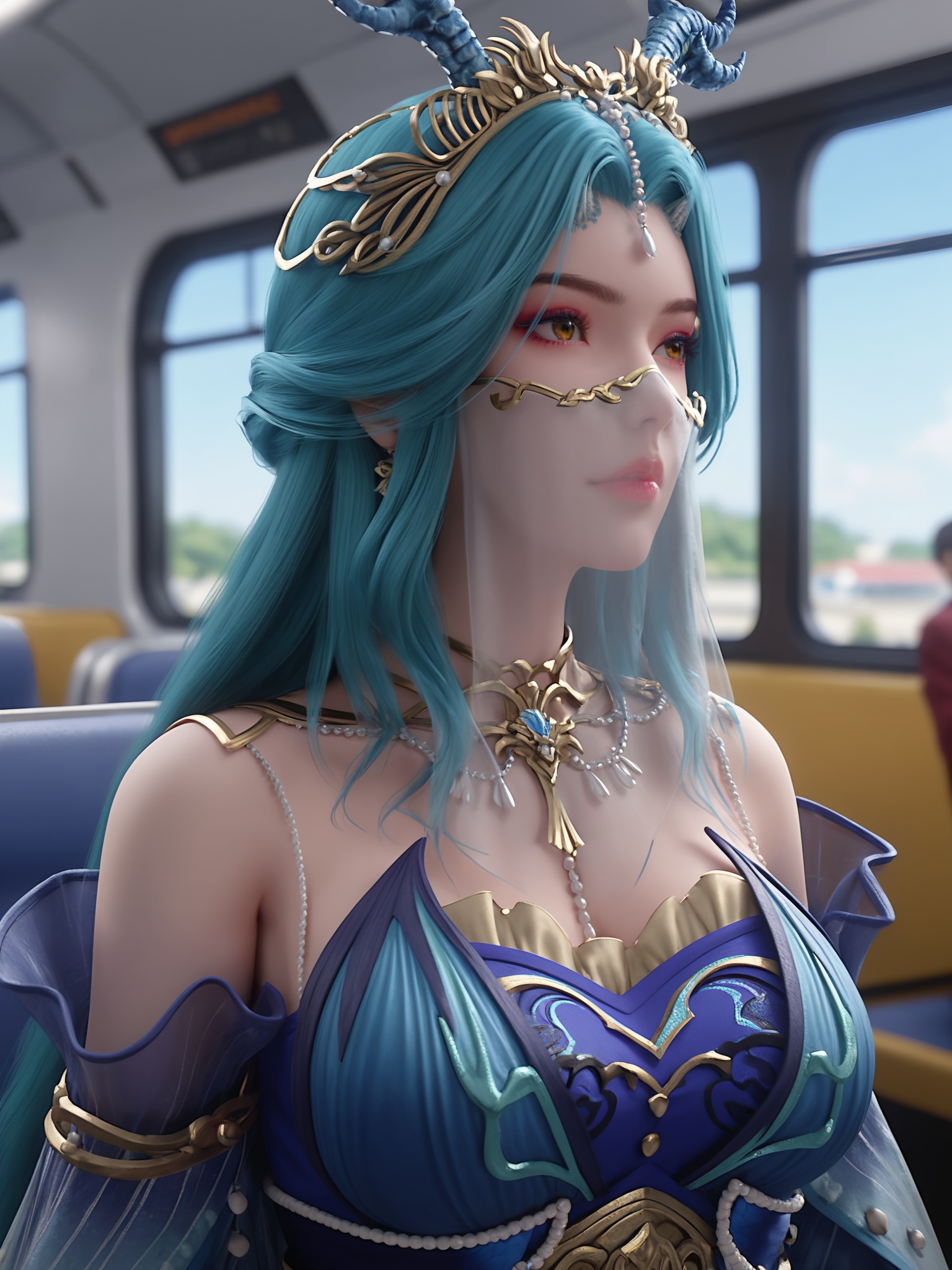 solo,1girl,fsolo focus,(perfect_anatomy:1.1),(upper_body:1.2),(portrait:1.1),sitting,(train_interior:1.1),(blurry_background:1.2),score_9,<lora:龙女Pony完美世界:0.7>,turquoise hair,an elaborate,ornate outfit in shades of blue and gold,with a flowing,sheer cape and a bodice adorned with intricate,golden detailing.,