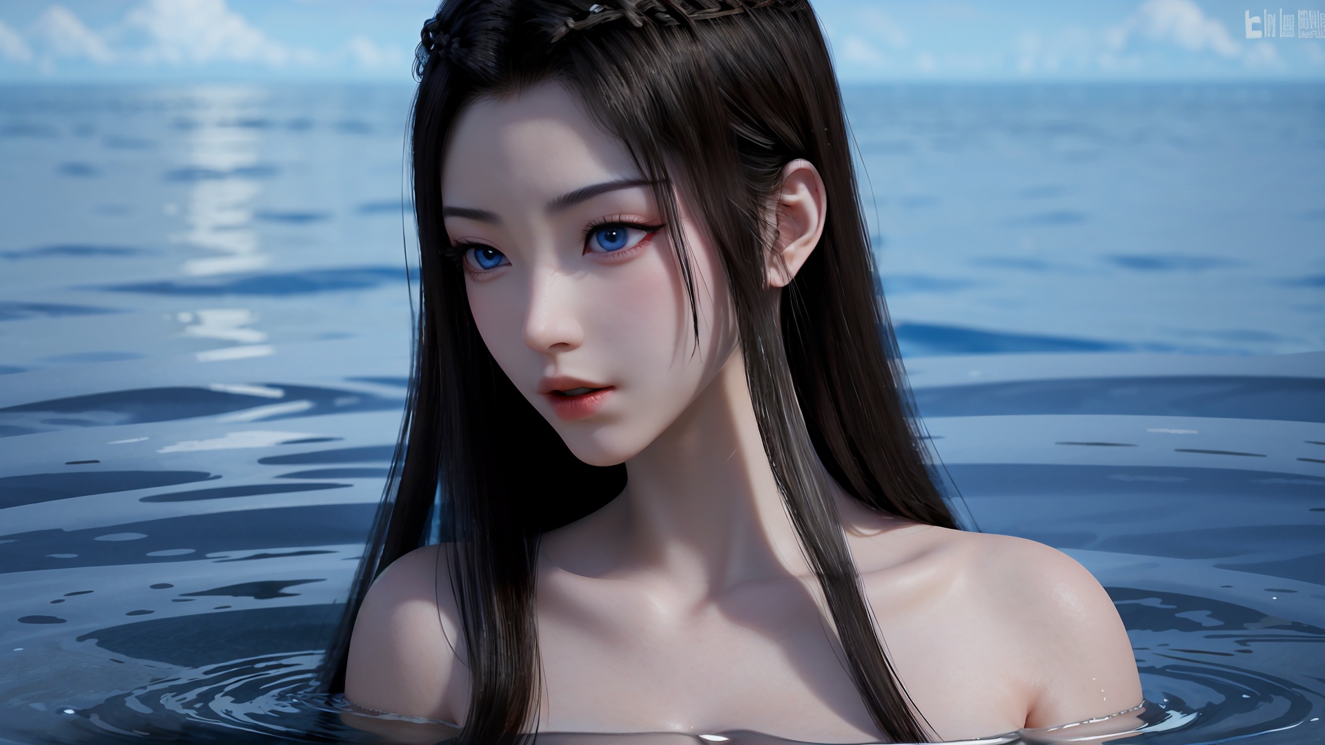 1girl,long hair,black hair,solo,blue eyes,water,artist name,closed mouth,lips,collarbone,nude,<lora:girl solo yuanyao_20240908025103:0.6>,<lora:20240601-1717253155553:0.6>,incredibly absurdres,wallpaper,
