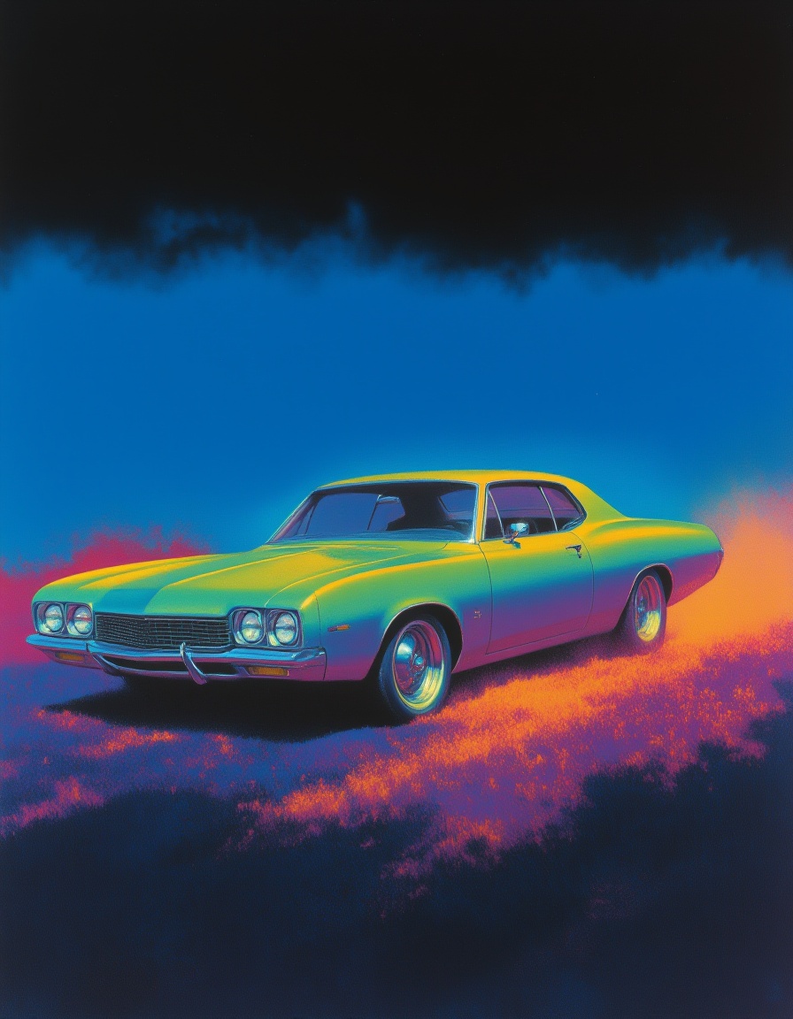 <lora:迷幻8:0.8>,a car is shown in a multicolored image with a black background and a blue sky in the background,Ed Paschke,path tracing,an ultrafine detailed painting,american scene painting,