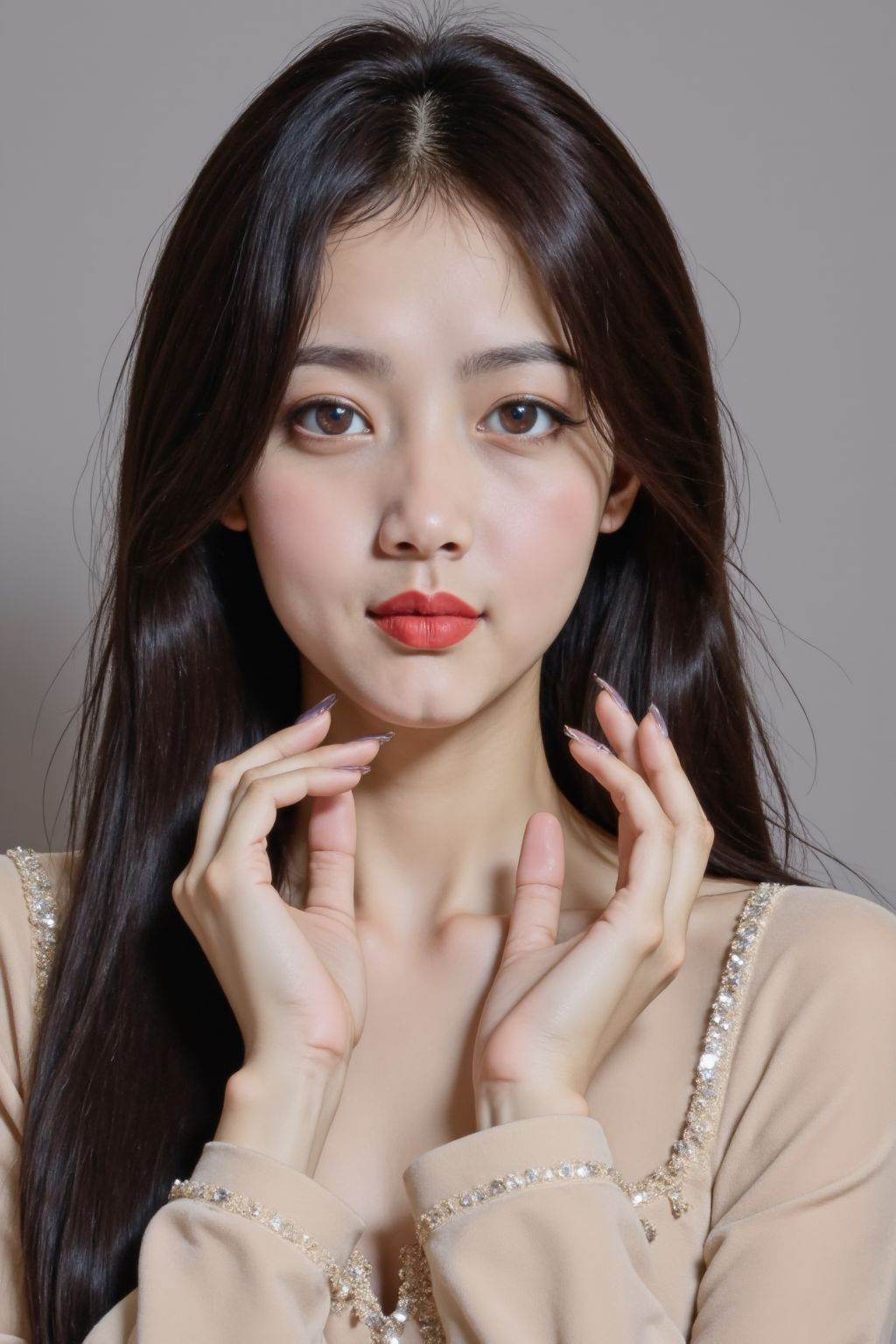 Photograph of a young Asian woman with long,straight black hair,fair skin,and full lips painted in a bold red. She wears a beige,sequined top with long sleeves. Her hands are delicately touching her face,showcasing manicured nails. The background is a plain gray.