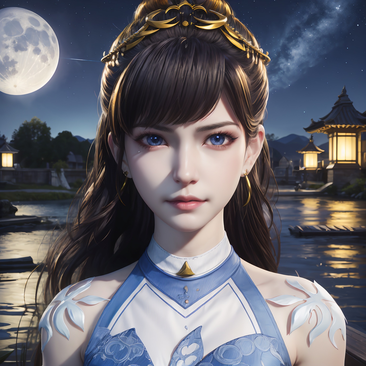 masterpiece,best quality,official art,extremely detailed CG unity 8k wallpaper,realistic,light rays,light particles,1girl,earrings,solo,jewelry,black_hair,long_hair,upper_body,blue_eyes,blue_ribbon,armlet,breasts,blue theme,starry background,scenery,starry sky,night,reflection,night sky,outdoors,milkway,cistern,(lotus:1.2),lake water,moon,long_hair,earrings,hair_ornament,dynamic pose,looking at viewer,cowboy shot,