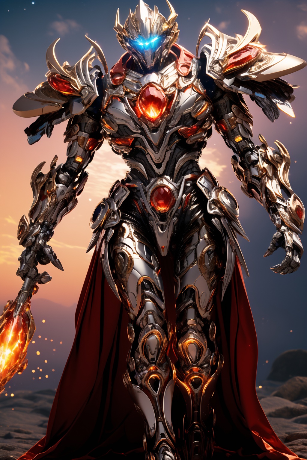 hjyzbrobot,(((1girl))),slender,simple,sleek smooth mecha,sleek smooth robot,big Luxury jewellery cape,big mecha red Cloak,sleek and smooth helmet,(((sliver))),slender,glowing  white and black armor,masterpiece,best quality,(highly detailed),cyborg,(full body:1.3),day light,bright light,wide angle,shining sparks,walking,sun set,(((sky  background ))),<lora:hjyzbrobot-000007:0.8>,<lora:hjyzb-000007:0.2>,<lora:hjyrobo5-000010:0.5>,(((glowing ruby))),wide angle,border space,space copy,
