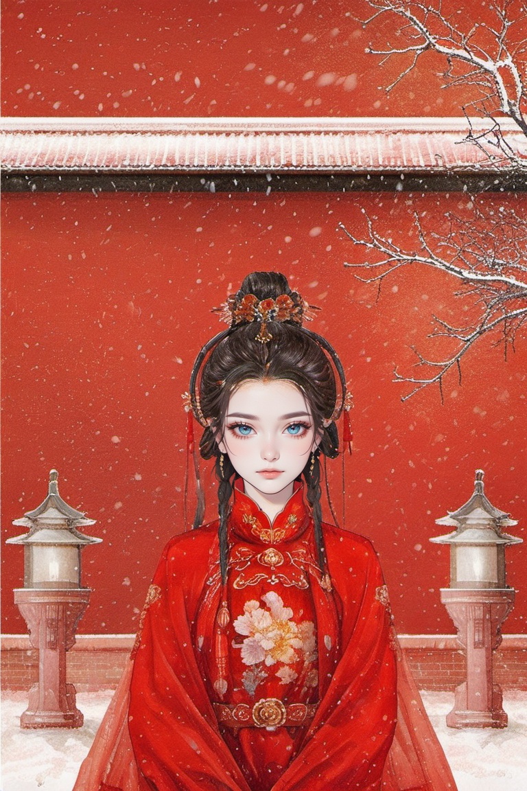 (best quality),((masterpiece)),1girl,portrait,front view,Traditional Chinese architecture,red wall,snowfall,mineral color painting,<lora:yancai-000012:0.8>,