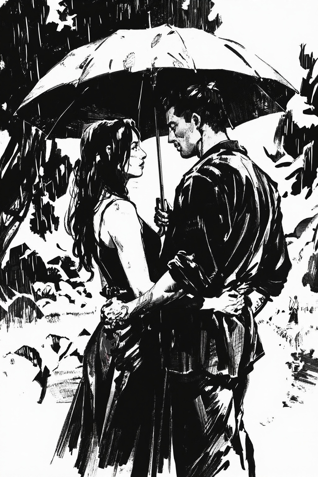 hand_sketch,black and white,art_nlhx,a black and white photograph of a couple standing under an umbrella. The umbrella is open and the couple is facing each other, with the man's head resting on the woman's shoulder. The woman is wearing a sleeveless dress and the man has his arm around her waist. They are both looking into each other's eyes and appear to be in a romantic embrace. The background is blurred, but it appears to be a rainy day. The image is taken from a low angle, so the focus is on the couple and the umbrella.