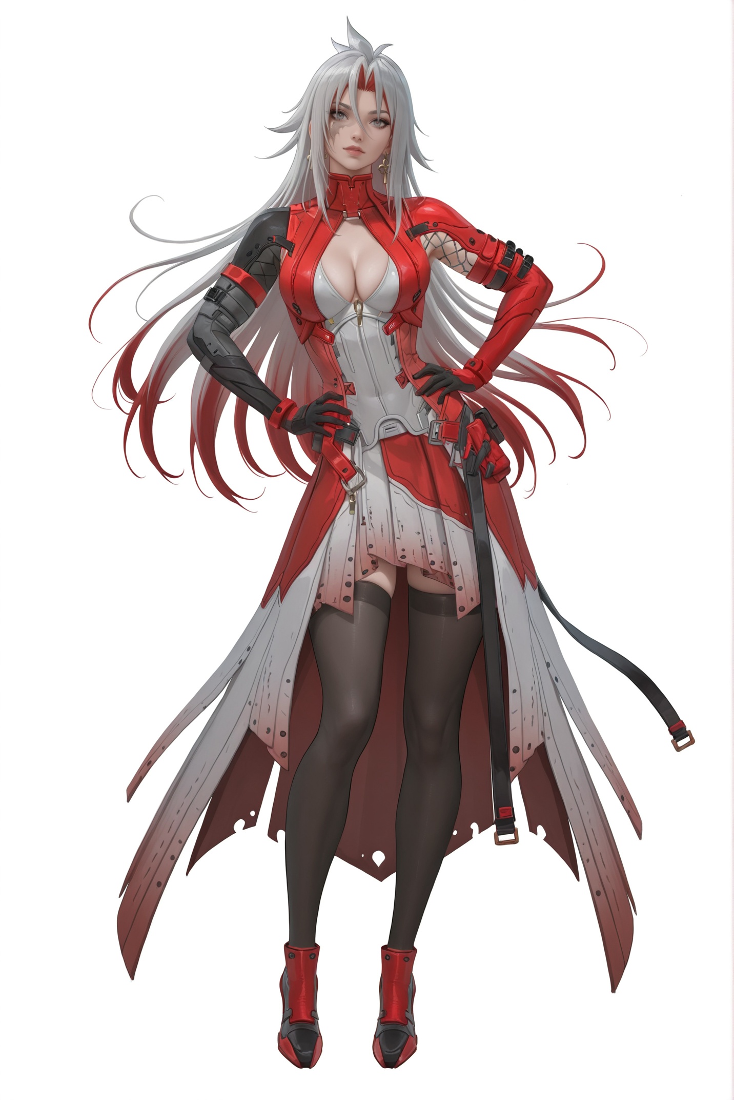 masterpiece,best quality,artist:zd_1995,artist:OlchaS,artist:sakimichan,sakimichan \(style\),(solo:1.2),simple background,(white background:1.2),hand on own hip,(white background:1.1),full body,full shot,standing,looking at viewer,(solo:1.2),simple background,(white background:1.2),hand on own hip,(white background:1.1),<lora:shanghen-ill-Tanger-000014:0.8>,shanghen-girl \(Wuthering Waves\),clothes: shanghen-girl black-and-red dress,scarred face,1girl,breasts,long hair,cleavage,earrings,jewelry,red hair,grey eyes,multicolored hair,grey hair,