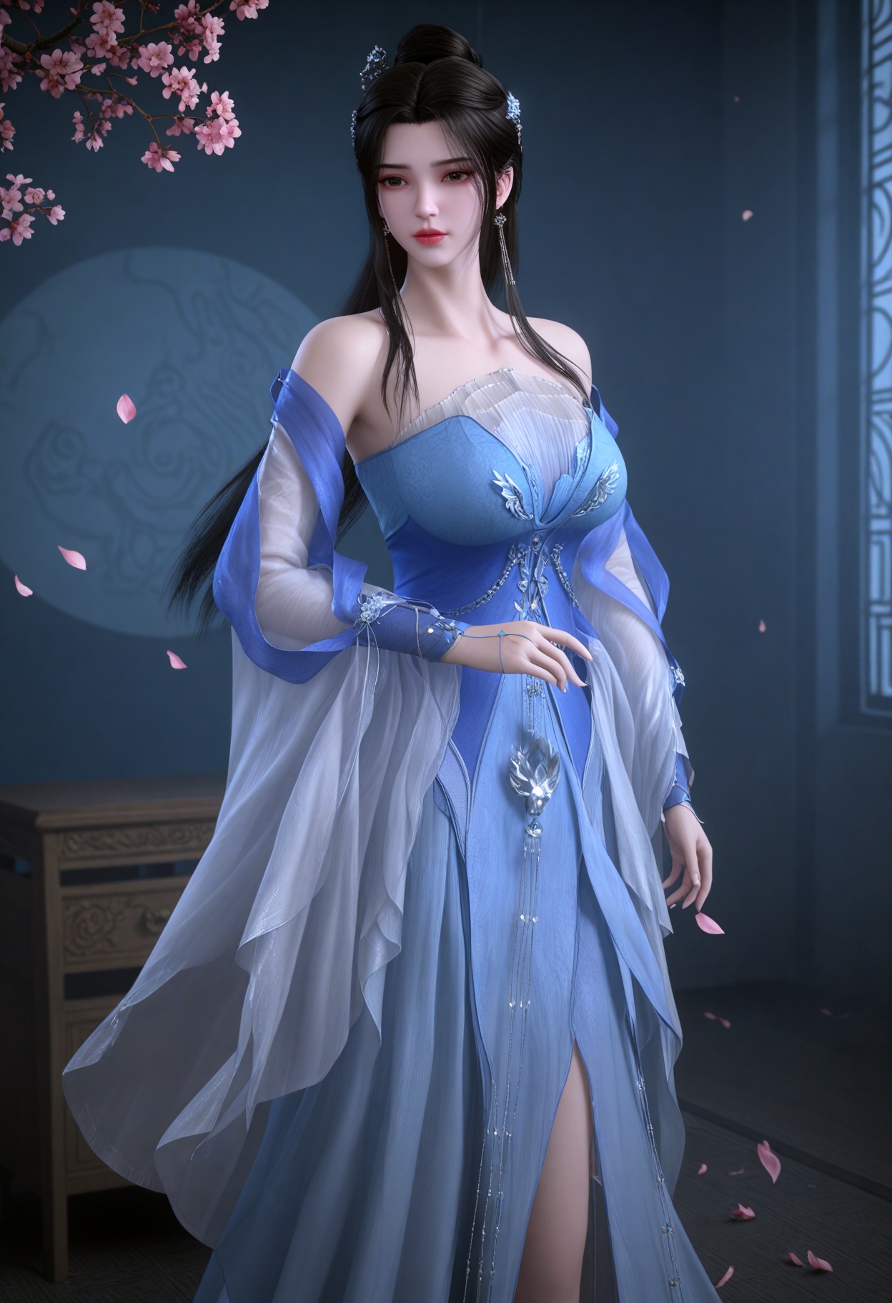 (full_body:1.3),(gigantic breasts:0.6),(slender:1.3),(looking_at_viewer:1.1),(masterpiece:1.1),(best quality:1.2),(intricate details),(smog:1.3),(Dark room:1.3),(dim lighting:1.3),peach blossom,falling petals,<lora:YQ_Illustrious光辉v5_李慕婉_V1:0.8>,q1528437228,solo,1girl,black_hair,long_hair,hair_ornament,dress,jewelry,earrings,blue_dress,hair_bun,chinese_clothes,long_sleeves,single_hair_bun,realistic,black_eyes,bare_shoulders,ponytail,hanfu,see-through,hair_stick,detached_sleeves,masterpiece,(best quality),(intricate details:0.9) BREAK (intricate details:0.9),(realistic skin:1.2),masterpiece,best quality,newest,absurdres,hiahres,