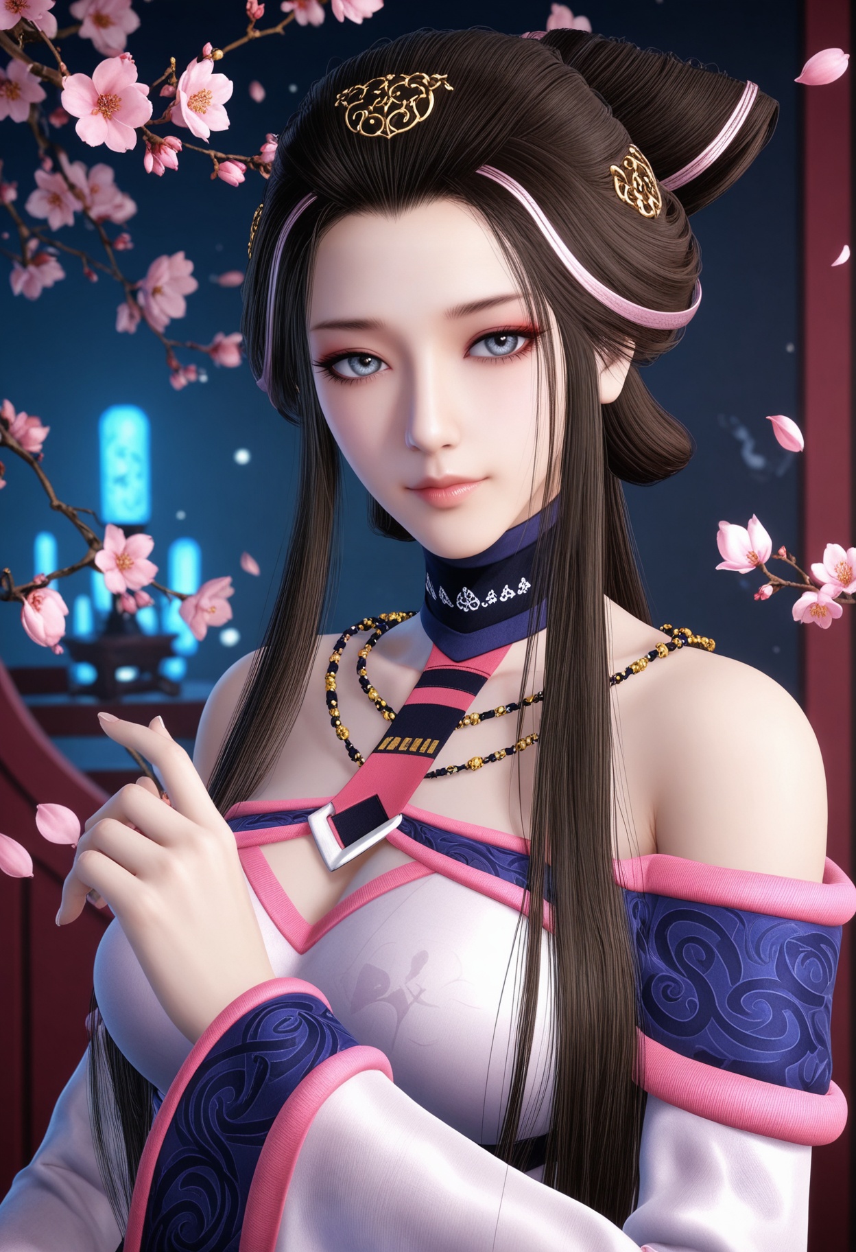 (upper_body:1.2),(looking at viewer:1.1),masterpiece,(best quality),smog,Dark room,dim lighting,peach blossom,falling petals,<lora:YQ_Illustrious光辉v5_湘夫人_V1:0.8>,q1528437228,1girl,solo,long hair,black hair,jewelry,bare shoulders,necklace,hair ornament,brown hair,dress,sidelocks,wide sleeves,long sleeves,choker,hair bun,brown eyes,detached sleeves,grey eyes,blue eyes,