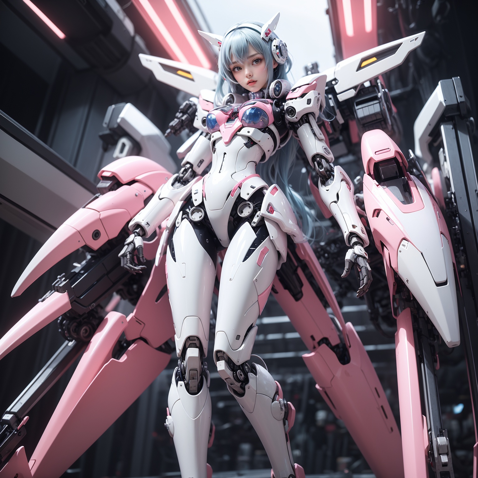 Best quality,masterpiece,2D,mecha musume,science fiction,1 girl,mechanization,from bottom,very long light blue hair,mechanical arms,crystal version clear,superb plastics texture,(gloss of mecha:1.4),(pink and white),highest resolution,rouge,fairy skin,standing,slender legs,long legs,